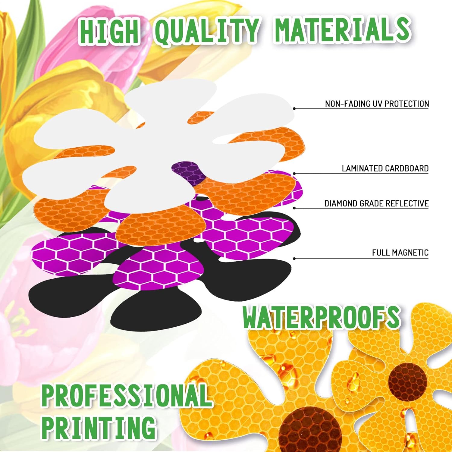 Whaline 24 calcomanías magnéticas de flores reflectantes multicolor para refrigerador, calcomanías magnéticas para buzón de metal (no para vehículos