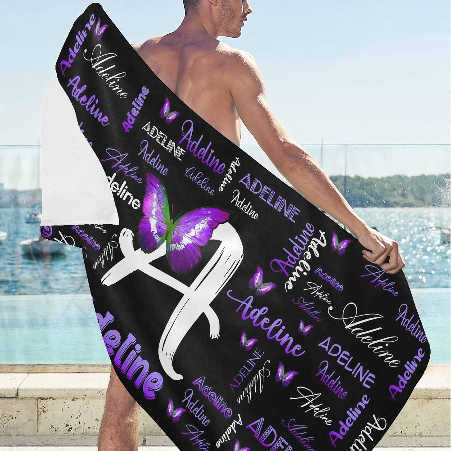 Artsadd Toalla de playa personalizada con texto, toalla de secado rápido personalizada mariposa morada para hombres y mujeres, con monograma
