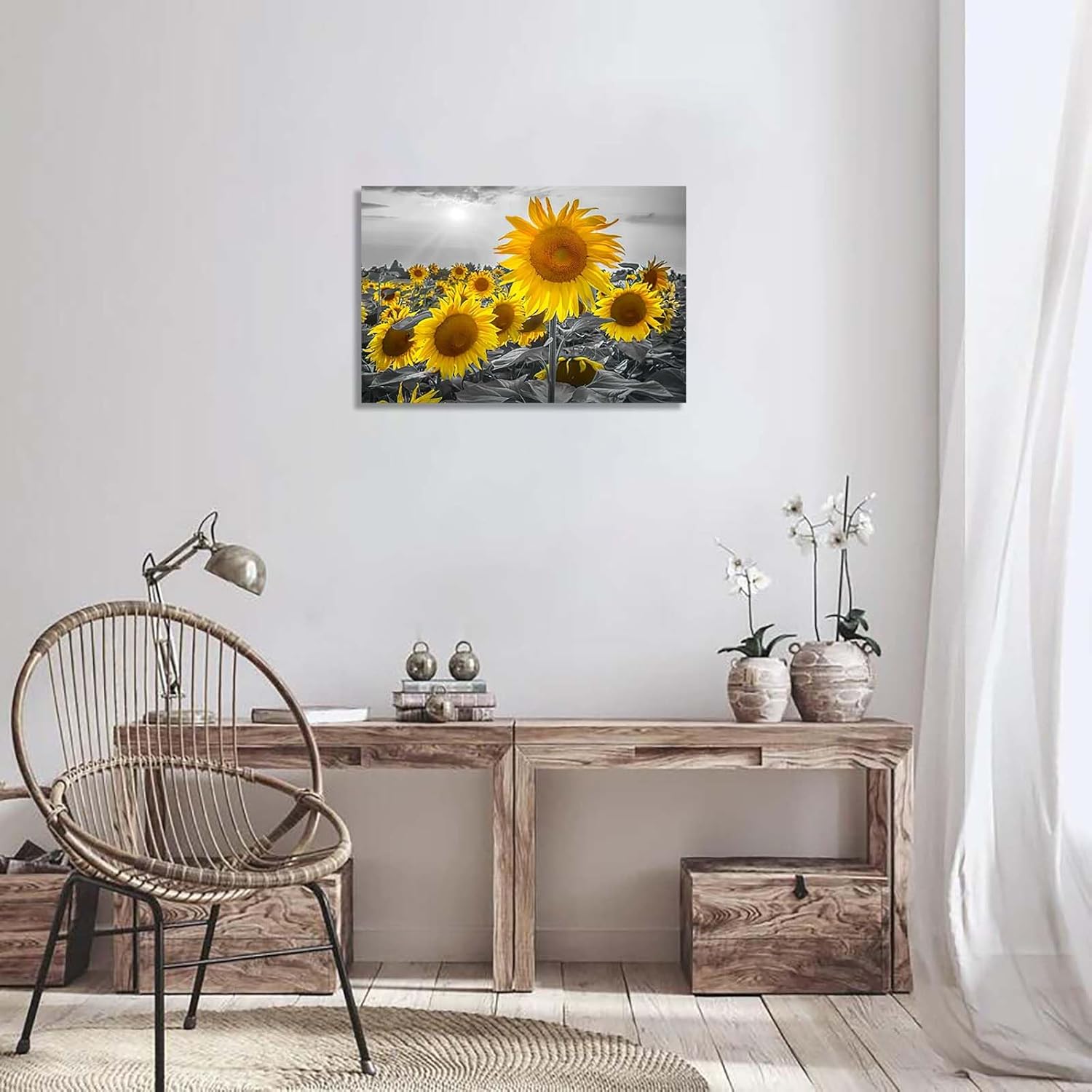 Arte de pared de girasol, pintura de flores, obra de arte de granja, arte de pared negro y amarillo, póster de flores amarillas, impresión de