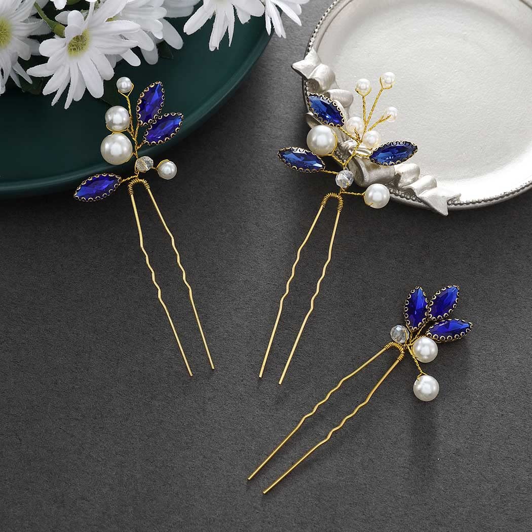 Latious Horquillas para el pelo de novia de novia, pieza de pelo de perlas de cristal azul, accesorios para el cabello para mujeres y niñas (paquete