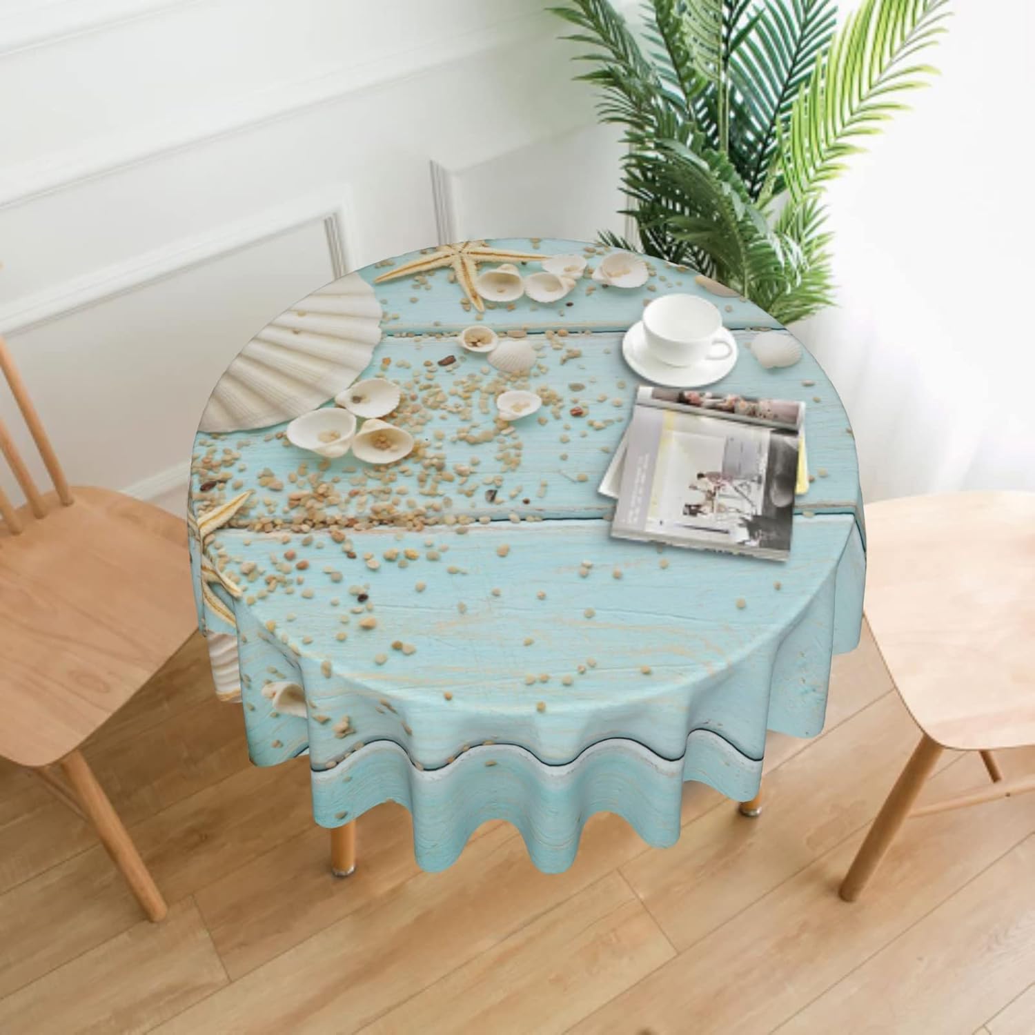 Giwawa Mantel redondo de conchas marinas, diseño de estrella de mar sobre tablero de madera azul, diseño de playa costera, 60 pulgadas, para