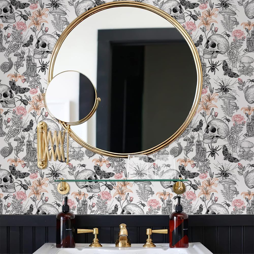 BEETAL Papel tapiz autoadhesivo con diseño de hongos y calavera en blanco y negro, papel de contacto moderno para despegar y despegar, autoadhesivo,