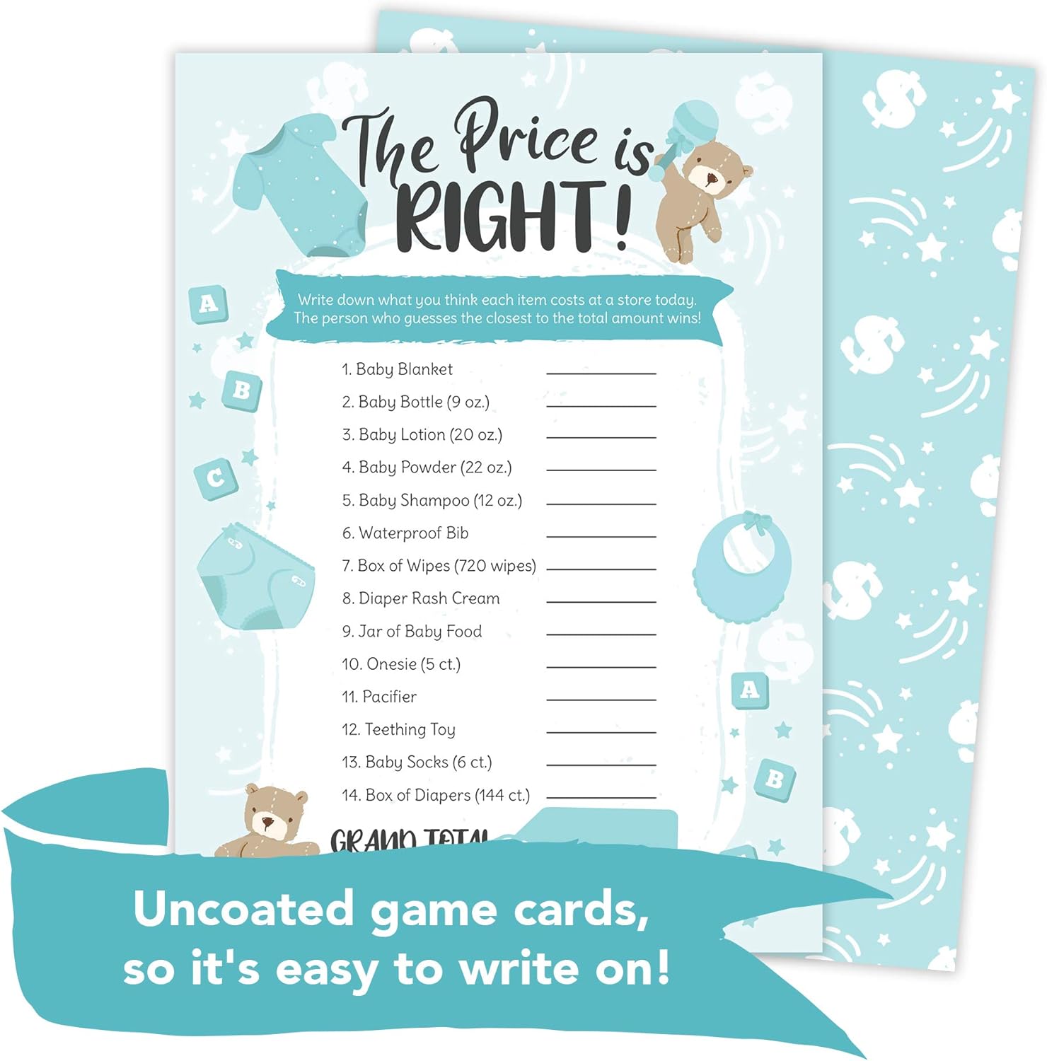 Desert Cactus Price is Right – Juego de baby shower – Juego de adivinanzas para niños y niñas, revelación de género neutro (25 ct Boy)