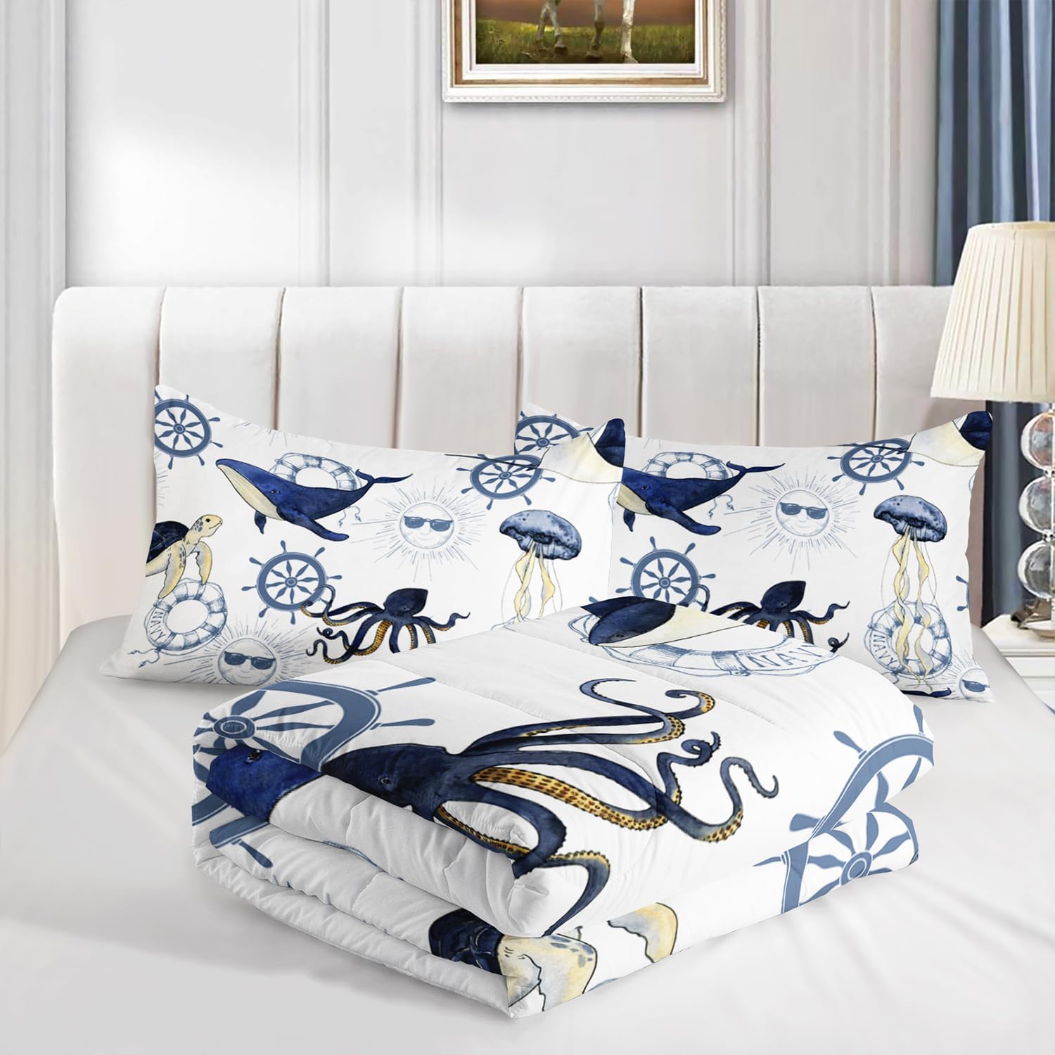 CVHOUSE Juego de edredón costero tamaño Queen, juego de ropa de cama con temática náutica azul para niños, juego de edredón de ancla oceánica, juego