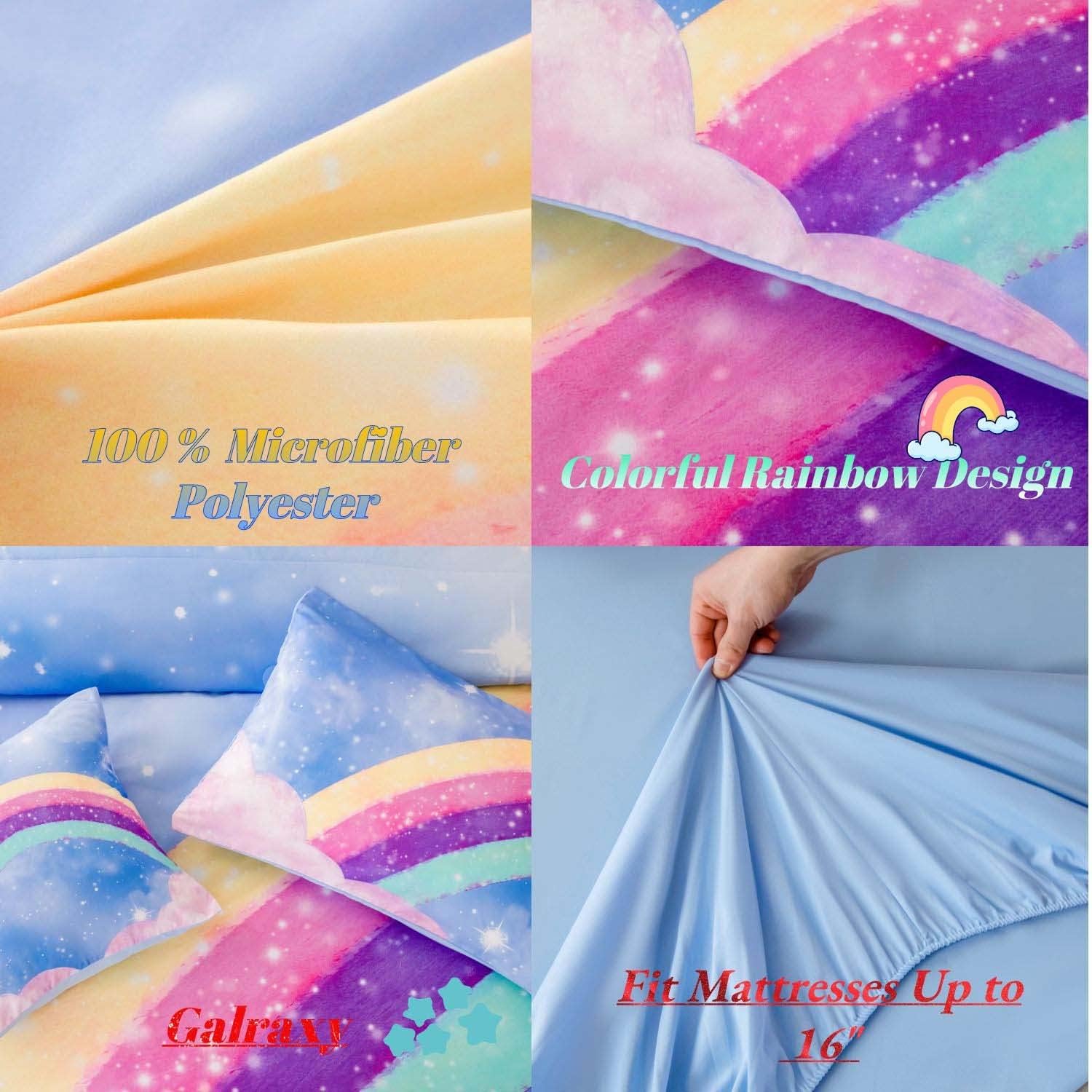 Juego de ropa de cama azul para niñas, juego de edredón de 6 piezas de arcoíris colorido para niñas, ropa de cama con purpurina degradado 3D en una
