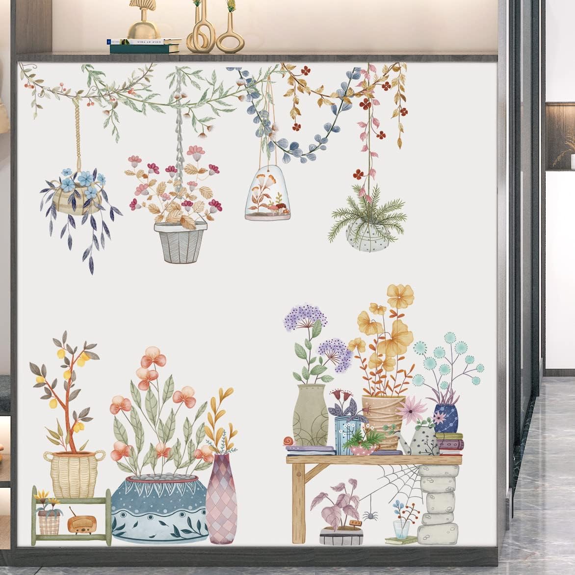 Calcomanías de pared extraíbles para colgar en macetas, calcomanías de pared de plantas coloridas, calcomanías de pared con colgante floral de