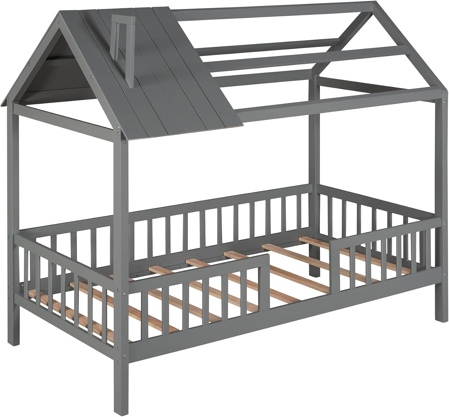 SOFTSEA Cama de casa individual con valla para niños y niñas, marco de cama de madera, muebles de dormitorio, gris