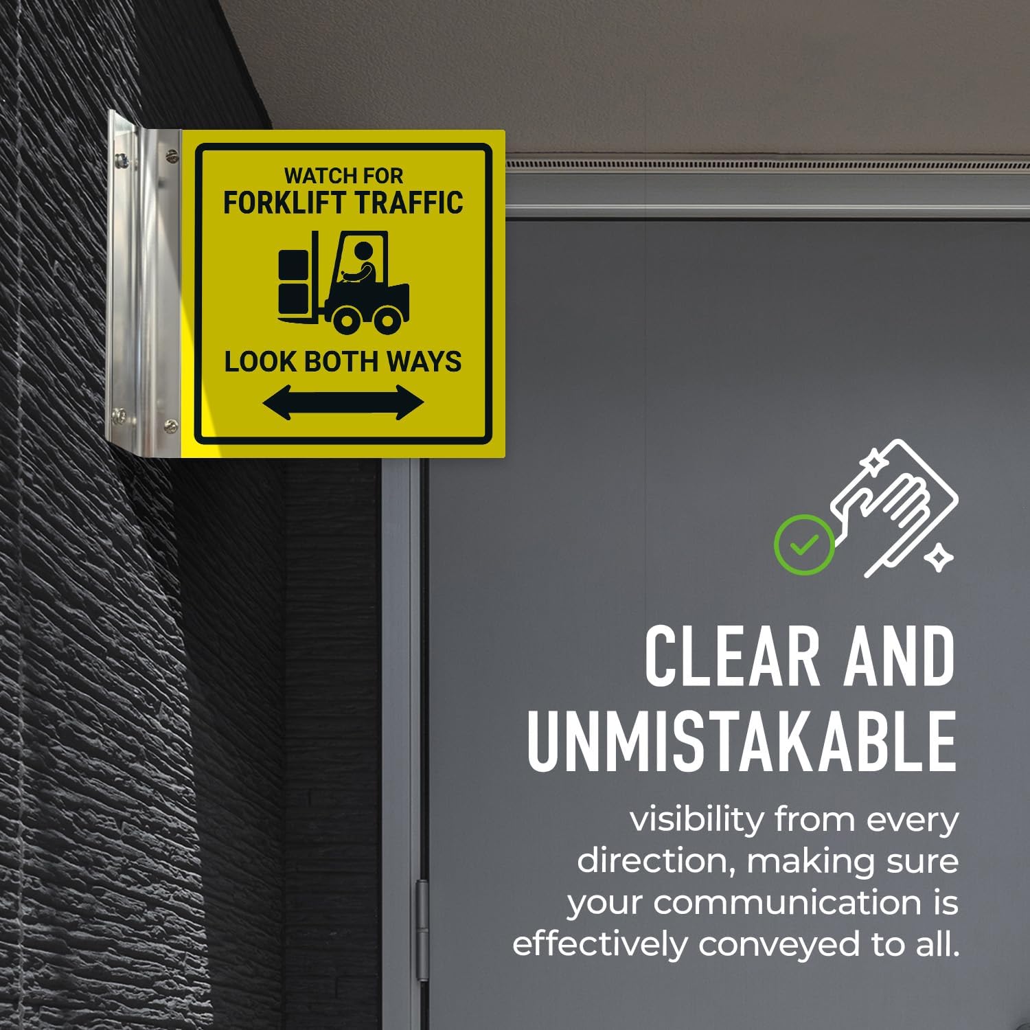 Watch For Forklift Traffic Look Both Ways Projecting Sign, doble cara, 6×6 pulgadas, ACM, con accesorio de níquel cepillado, fabricado en EE. UU