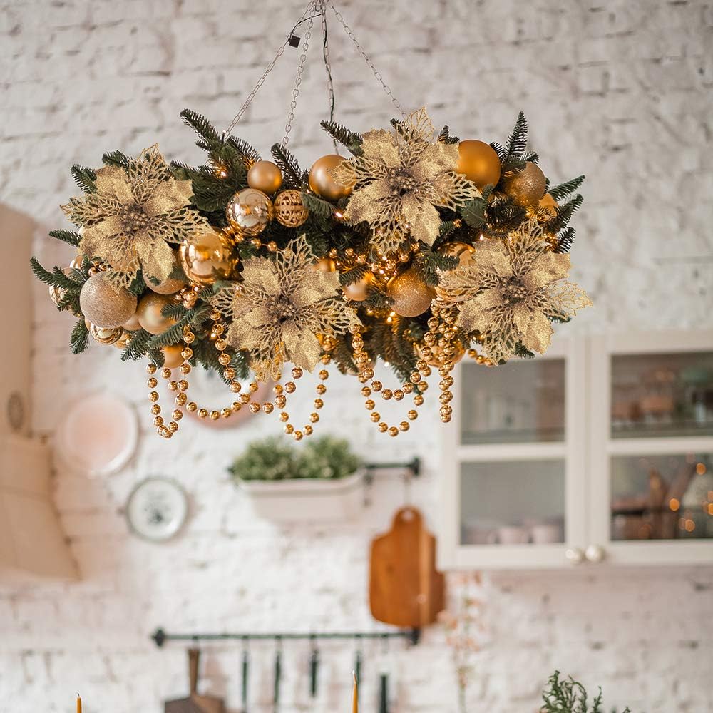 24 piezas de flores de Pascua artificiales de hojas de acebo de malla dorada con purpurina de Navidad, adornos de árbol de 5.9 pulgadas de ancho