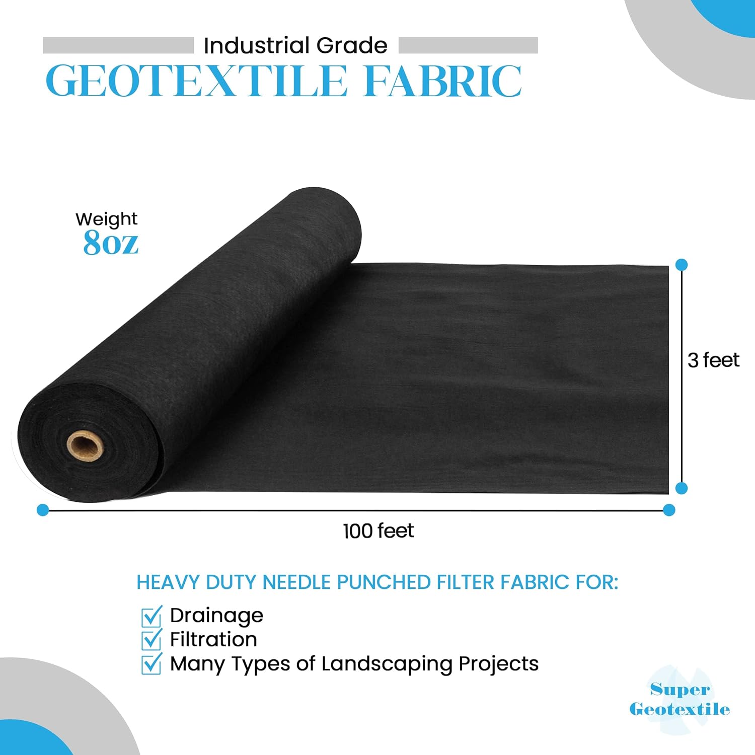 Super Geotextile – Tela no tejida de 4, 6 y 8 onzas para paisajismo, drenajes franceses, preparación de suelos, control de erosión, proyectos de