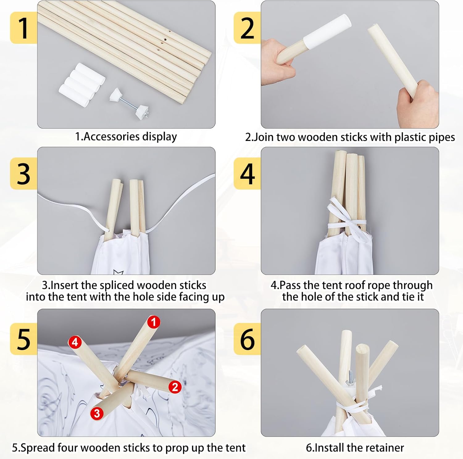 Woanger Juego de 10 tiendas de campaña tipo tipi para niños, de lona de algodón blanco, con luces LED de estrella de 10 pies, tipi para interiores,