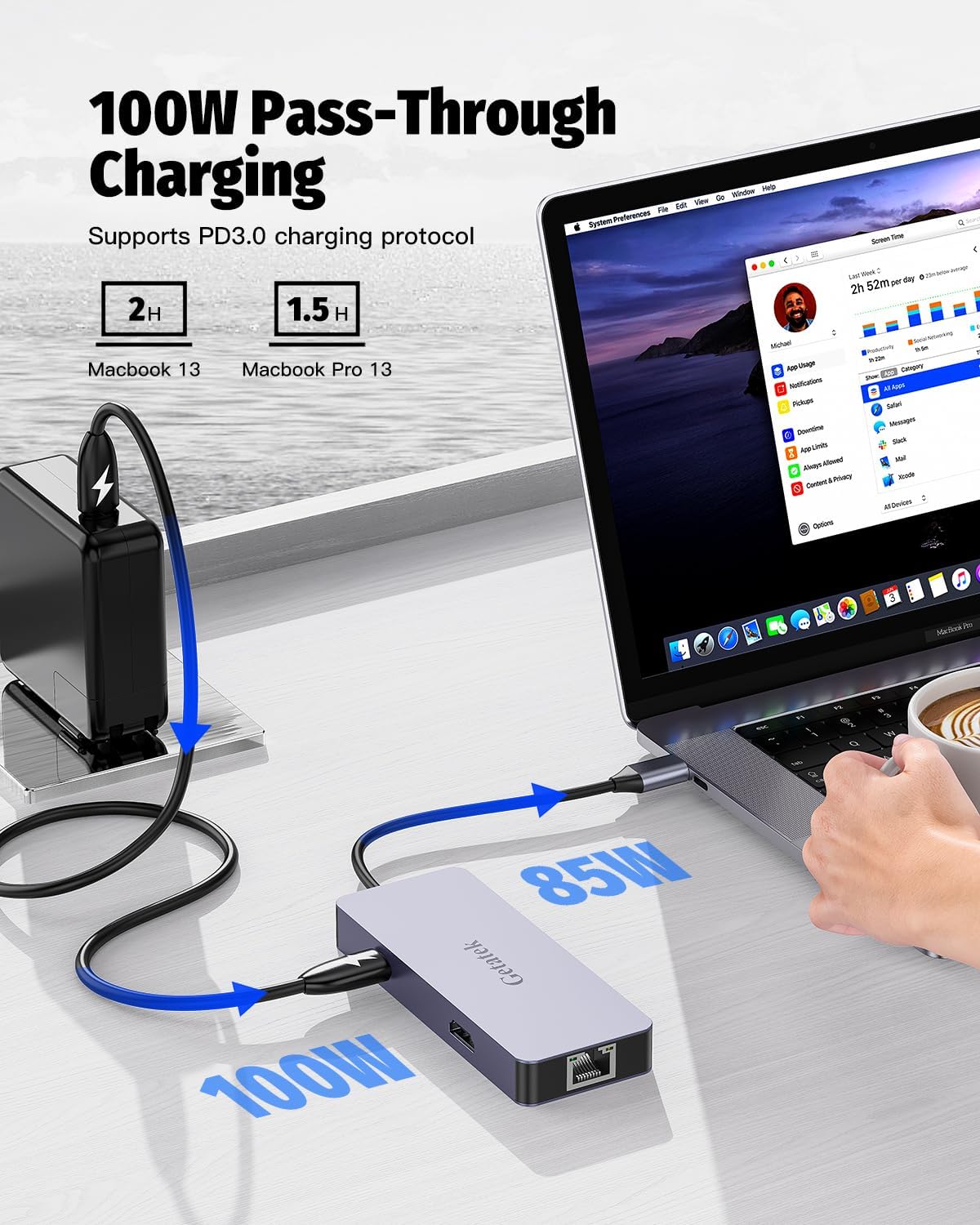 Hub Ethernet USB C, adaptador multipuerto USB C 6 en 1 con HDMI 4K 60HZ, puertos USB C de 10 Gbps y 2 A de datos, carga PD de 100 W, RJ45, apto para