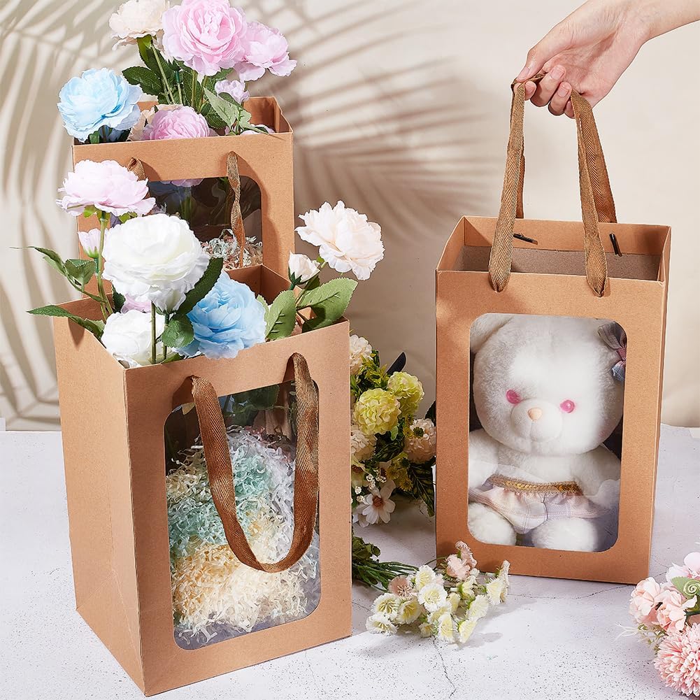 BENECREAT Paquete de 8 bolsas de papel kraft marrón transparente para ventana, 11.8 x 7.87 x 6.3 pulgadas, bolsa de regalo con asas para cumpleaños,