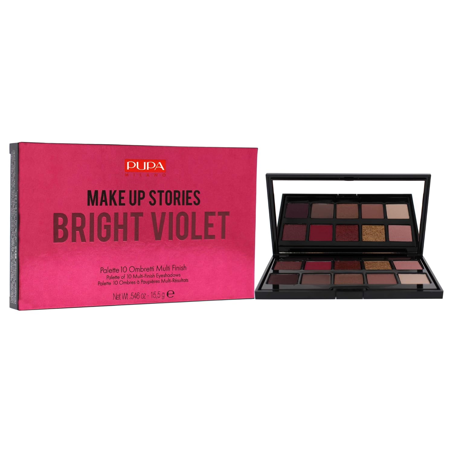 Pupa Milano Make Up Stories Paleta de sombras de ojos 003 Bright Violet – Colección de sombras de 10 sombras con opciones de color mate, satinado y