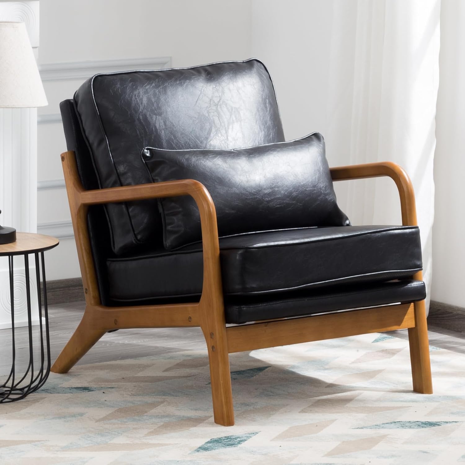 Hosnnile Silla decorativa con cojín, sillón tapizado moderno de mediados de siglo con piel sintética + marco de madera maciza para sala de estar,