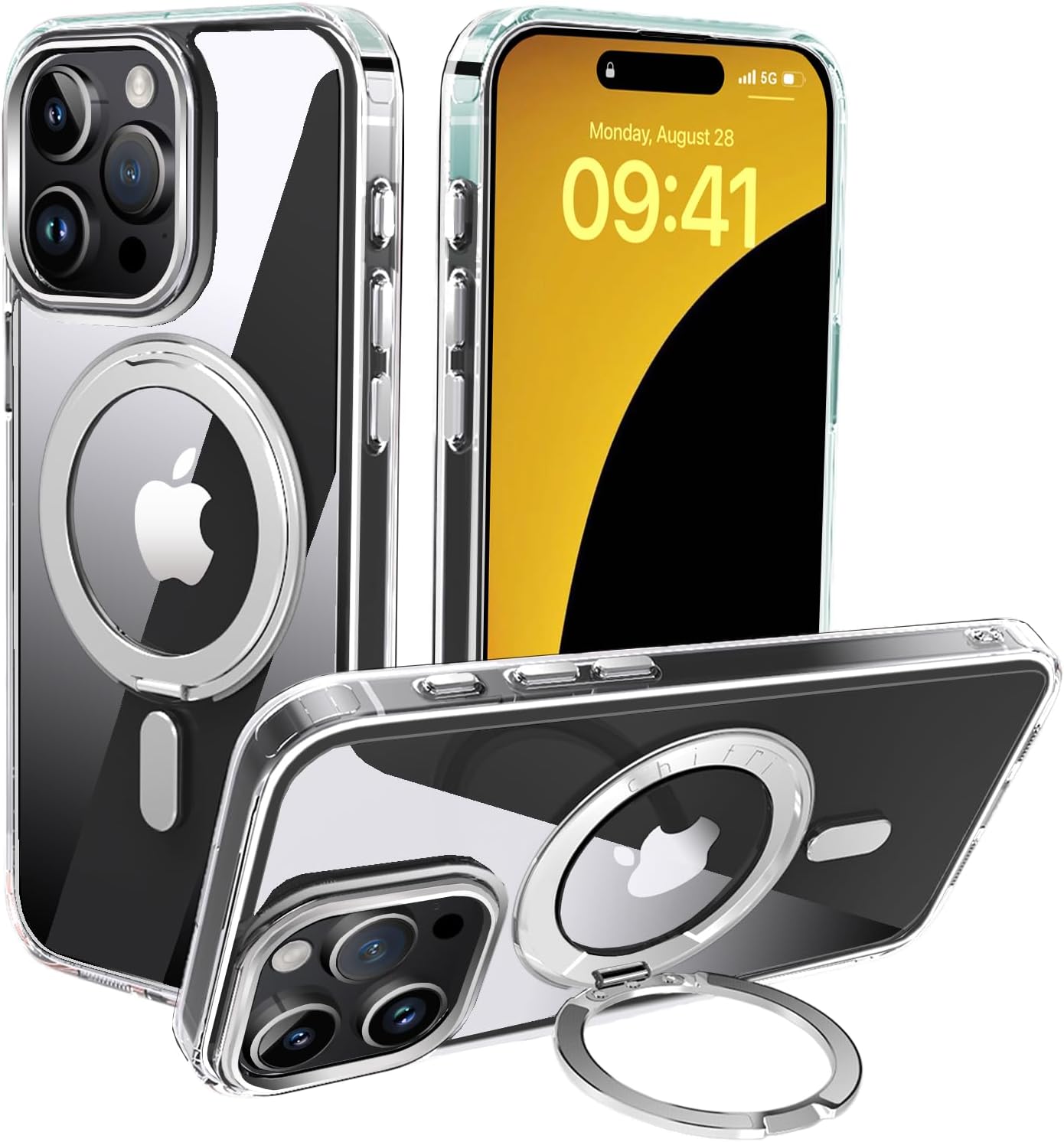Compatible con funda 15 Pro, soporte giratorio de cuatro vías de 360, soporte de anillo magnético compatible con MagSafe funda delgada transparente