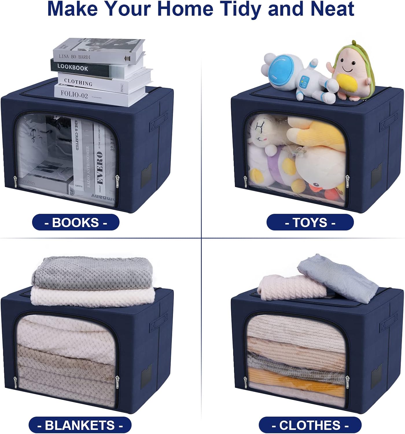 Organizador de bolsas de almacenamiento de ropa de gran capacidad de 66L, paquete de 3 con marco de fibra de vidrio, tela Oxford para edredones,