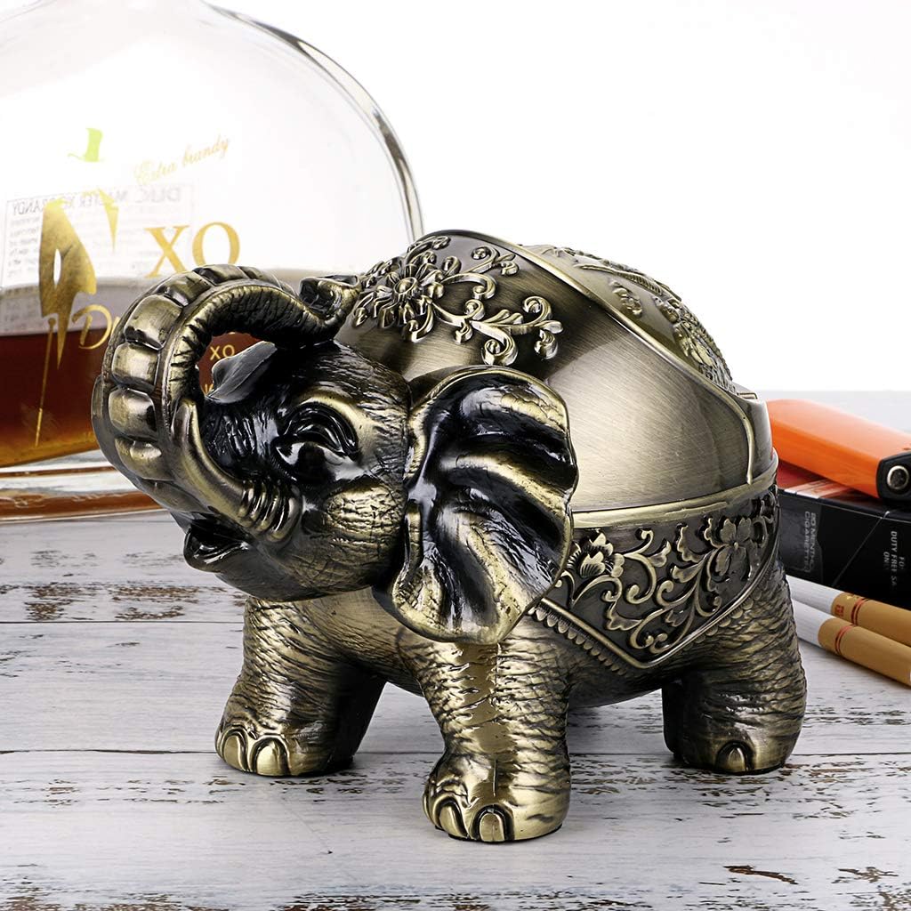 Hipiwe Cenicero de elefante resistente al viento con tapa, soporte de cenicero de metal de escritorio para uso en interiores o exteriores, bandeja