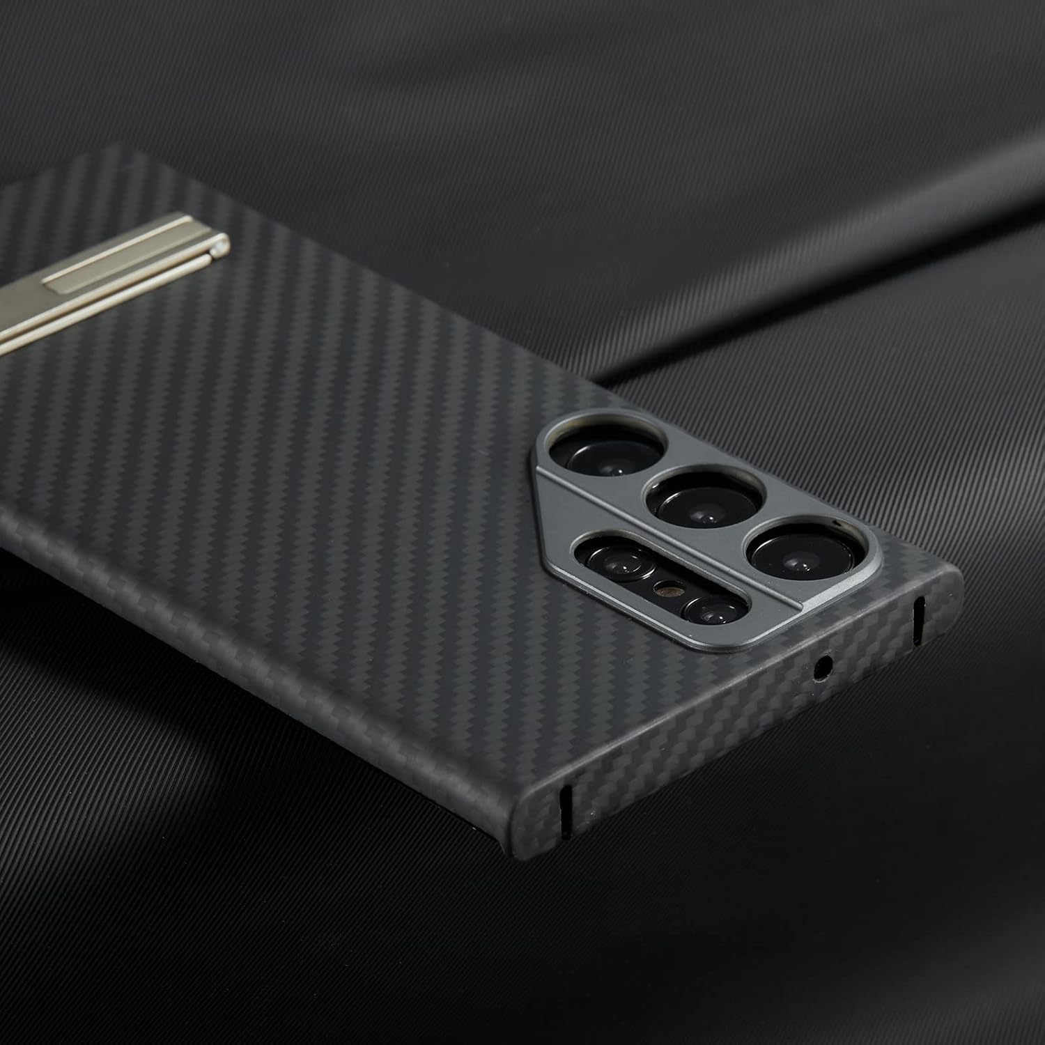 Funda compatible con Samsung Galaxy S23 Ultra, con soporte, fibra de carbono de aramida, diseño de moda para protección de lente de metal de