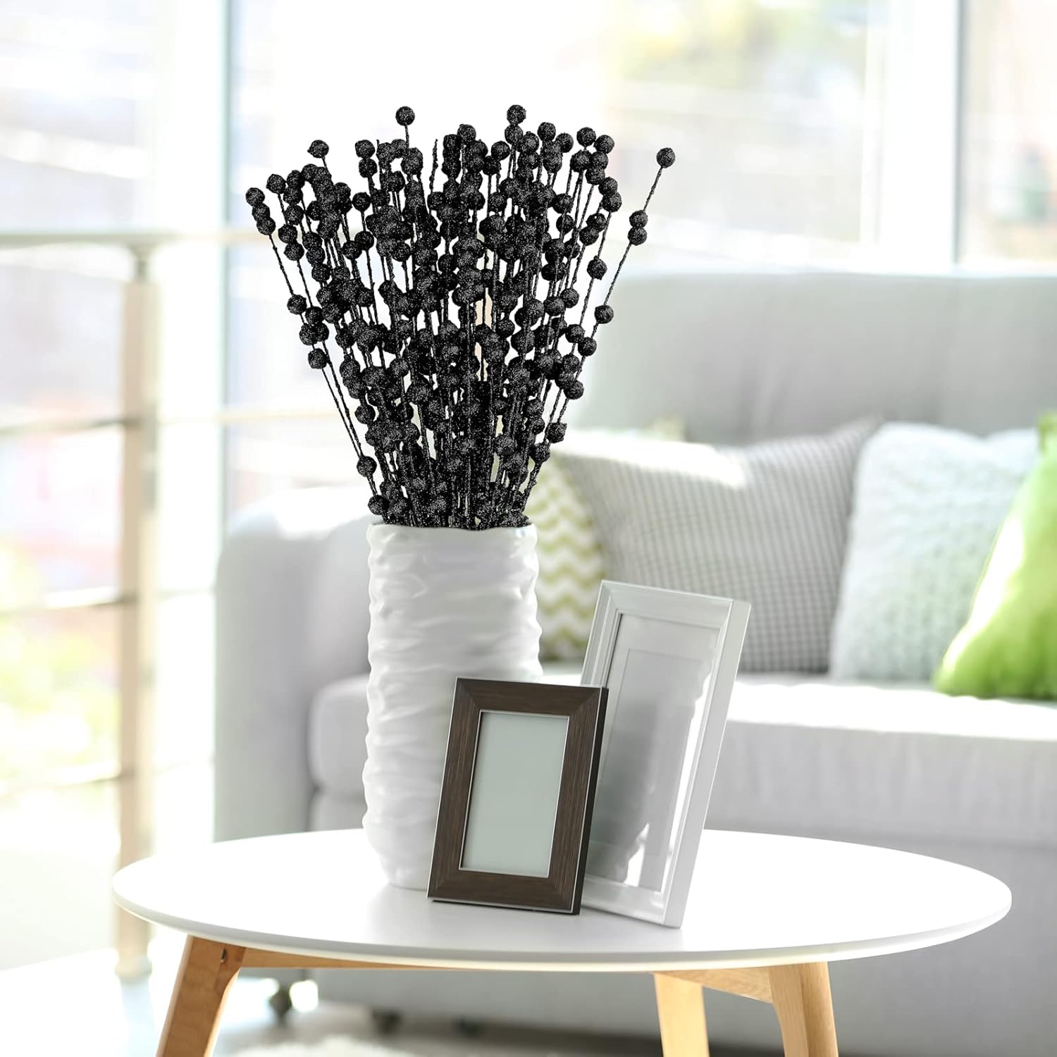 100 tallos de bayas artificiales negras con purpurina de 15.7 pulgadas, ramas de bayas de Navidad, frutas artificiales para decoración de árbol de