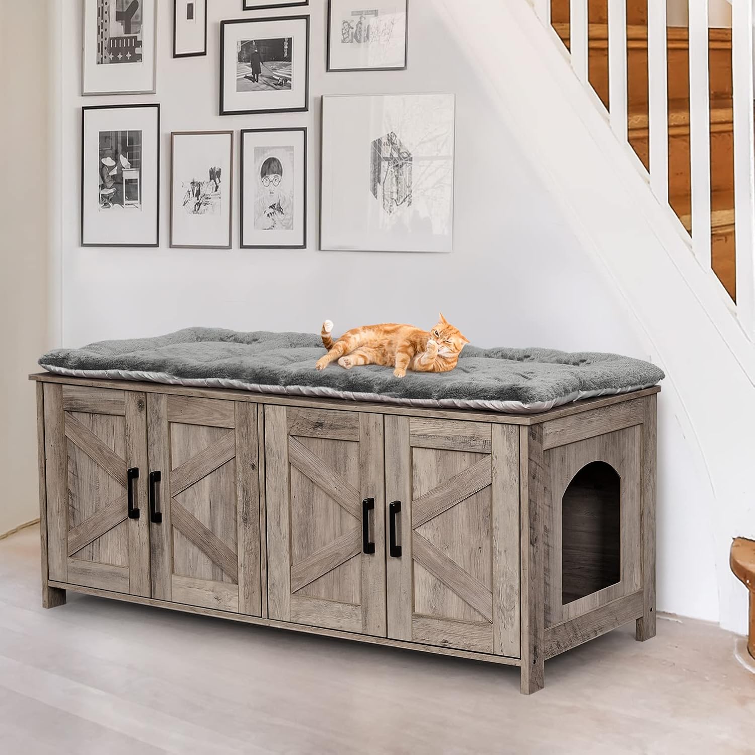 Caja de arena para gatos para 2 gatos, muebles ocultos con habitación doble, muebles de madera para baño, casa para gatos, 47.2 pulgadas de largo x