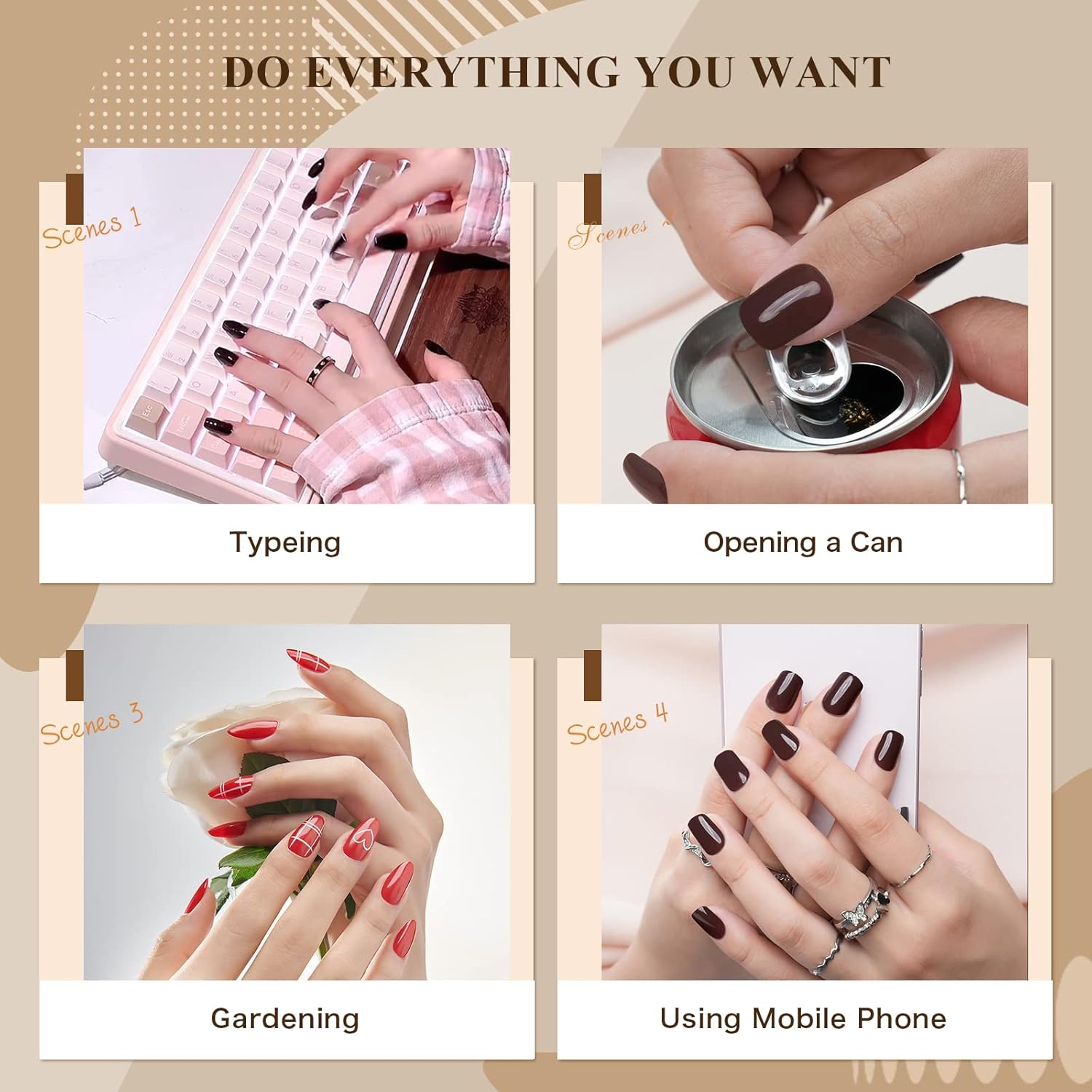Jofay Fashion – Uñas postizas cuadradas de color marrón café a presión, uñas postizas de color sólido con pegamento, uñas postizas acrílicas cómodas