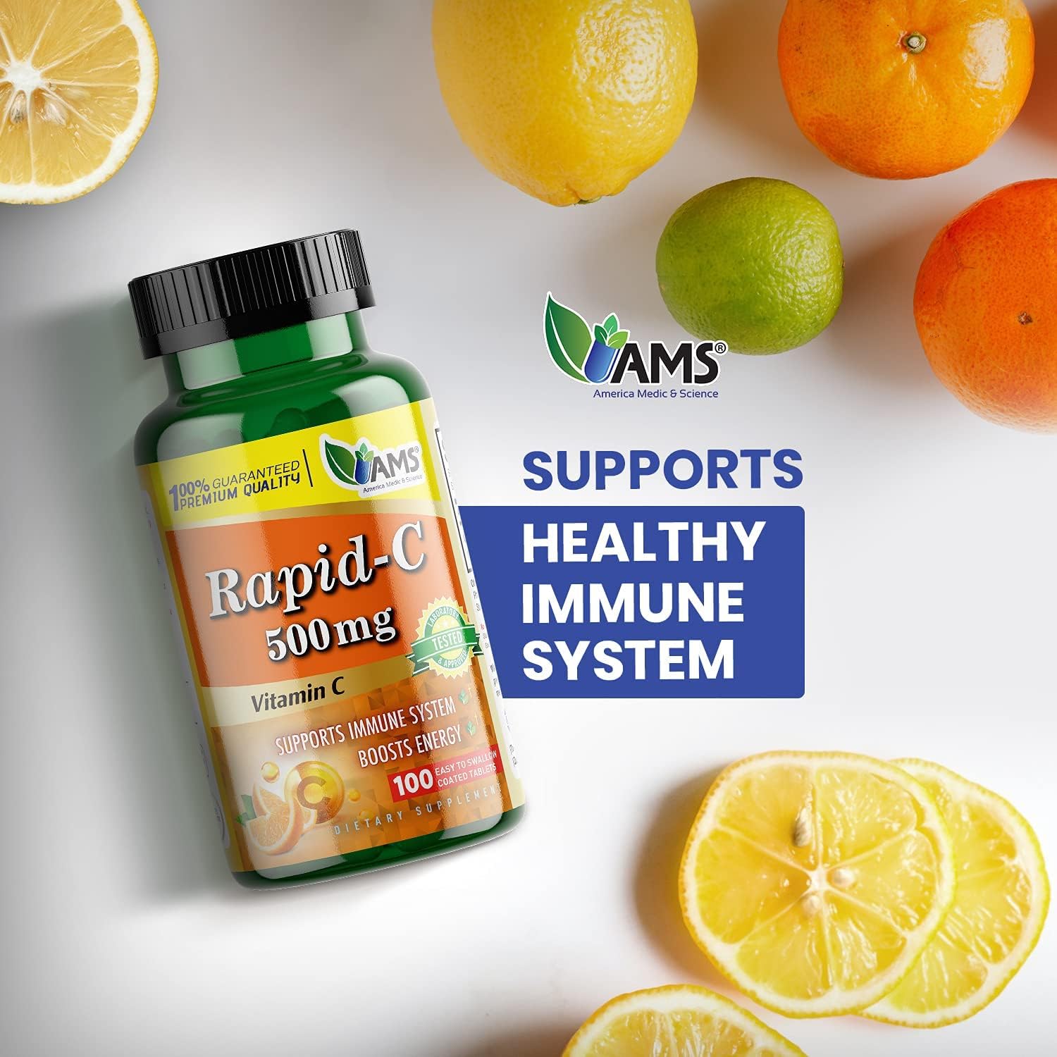America Medic & Science Rapid-C – Suplemento de vitamina C de 500 mg (paquete de 3 100 tabletas), refuerzo de energía, apoyo diario del sistema