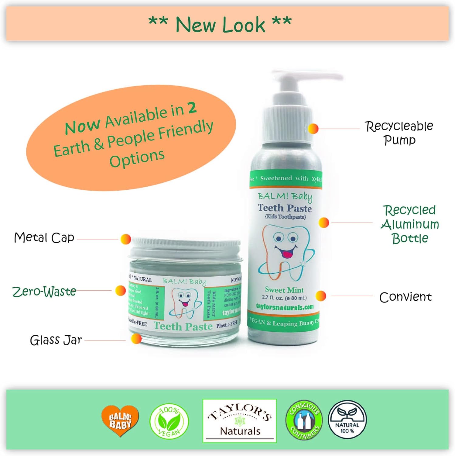 BALM! Baby Pasta dental natural sin flúor para niños con xilitol, sin SLS, vegana, sin gluten, sin BPA, cero residuos, menta, 2 onzas líquidas