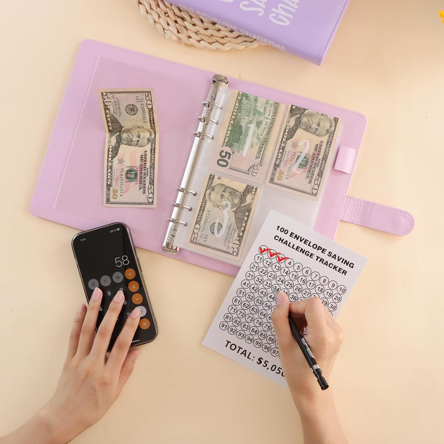 Desafío de ahorro de dinero de 100 sobres, carpeta de desafío de 100 sobres, carpeta de desafío de ahorro de dinero de 100 días con sobres de