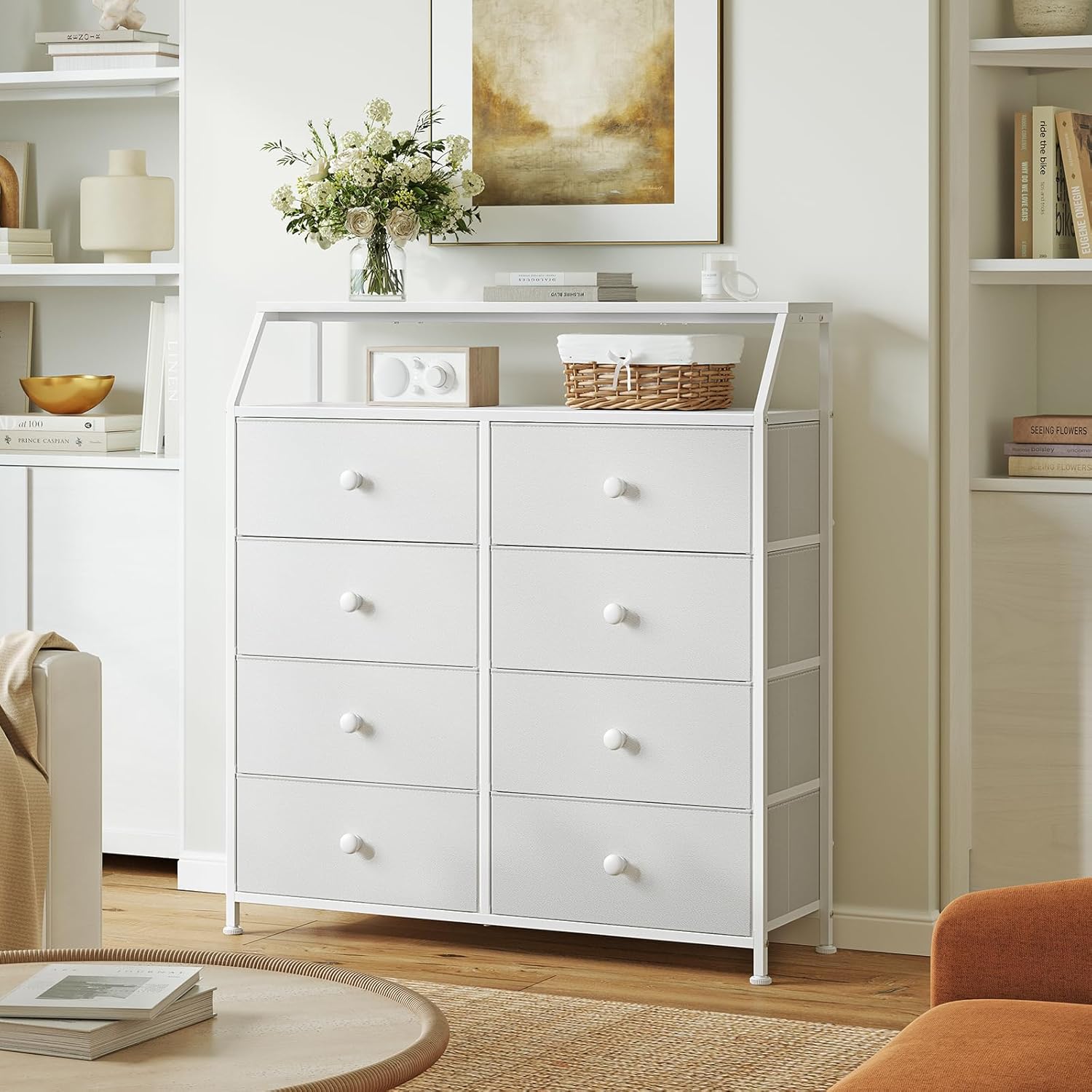 REAHOME Cómoda de 8 cajones para dormitorio con estantes, cómoda de piel sintética para armario, organizador de gran capacidad, vestidores altos con