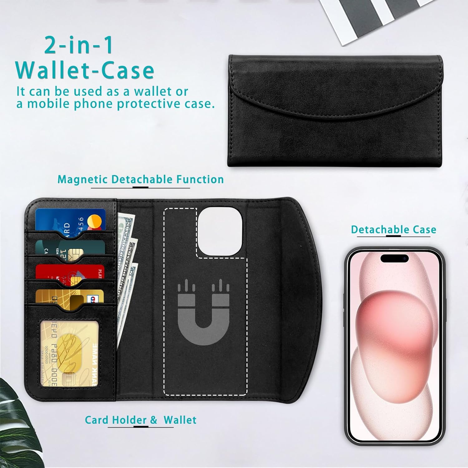 FYY Funda compatible con iPhone 15 6.1, compatible con carga Magsafe Funda magnética desmontable 2 en 1 con tarjetero y funda protectora para iPhone