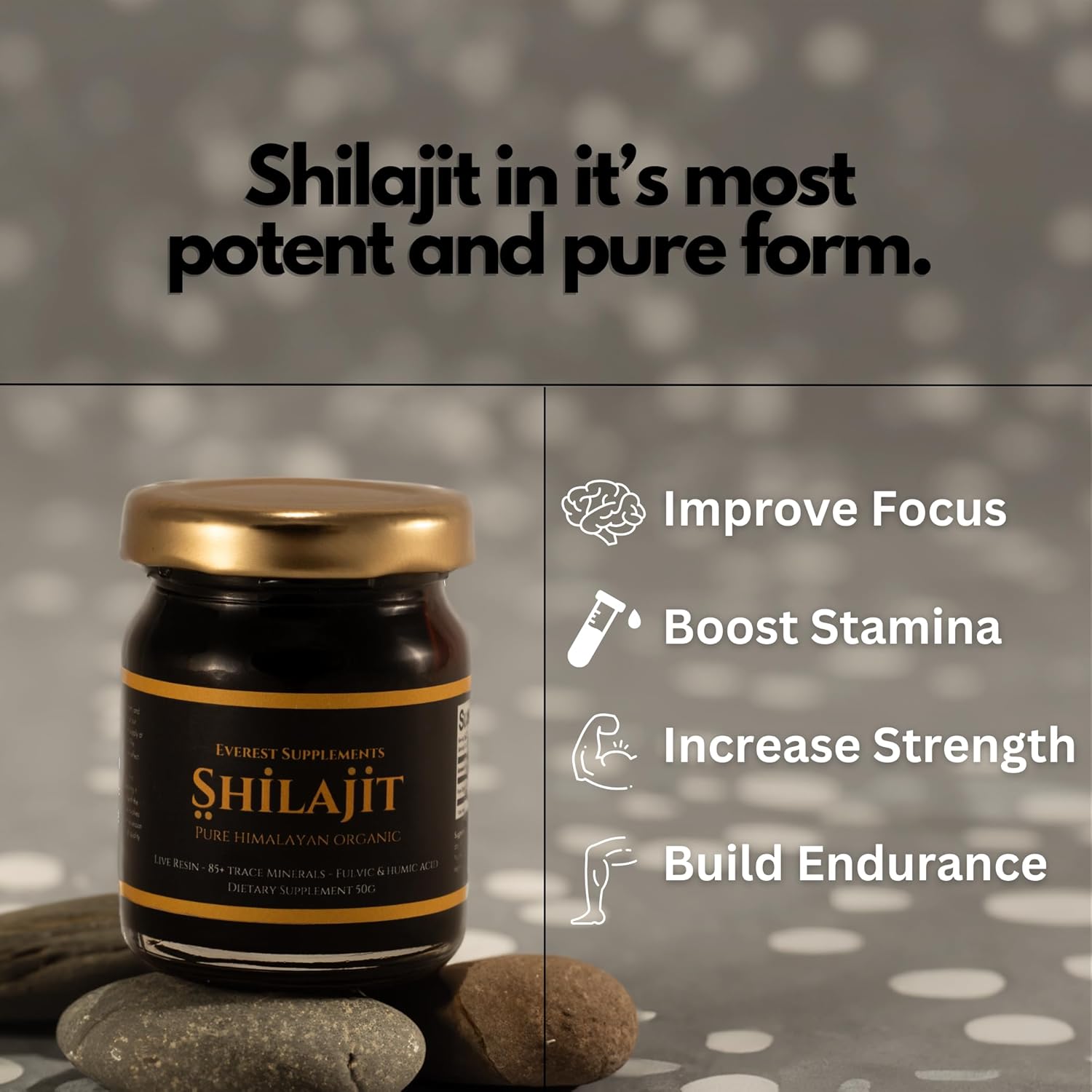Resina Shilajit orgánica pura del Himalaya, grado dorado, 500 mg de potencia máxima, resina Shilajit natural con más de 85 minerales traza y ácido