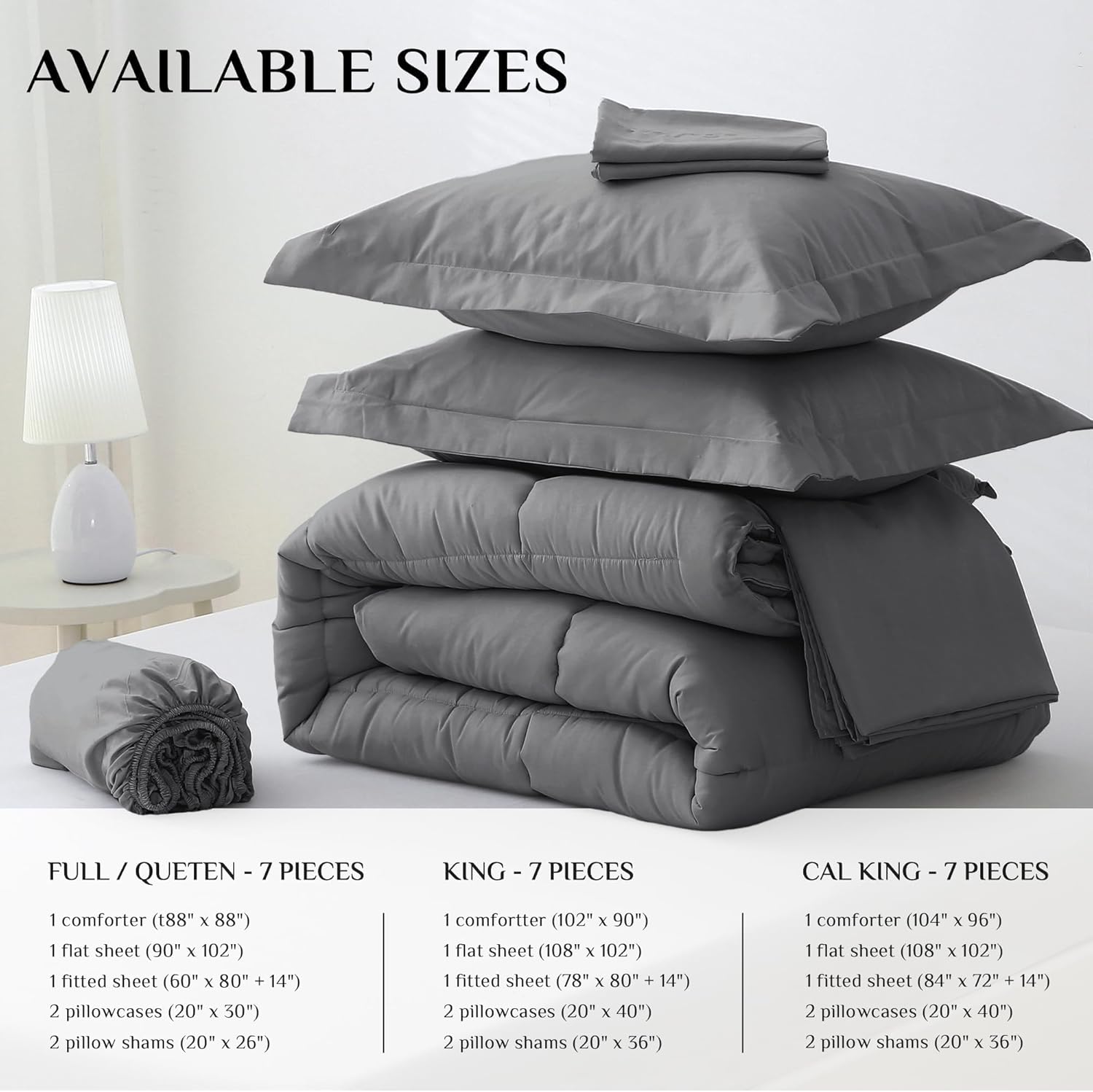 JOLLYVOGUE Juego de edredón King de 7 piezas  Cama en una bolsa ultrasuave  Alternativa de plumón de ganso  Serie 1800 Premium con edredón, sábanas,