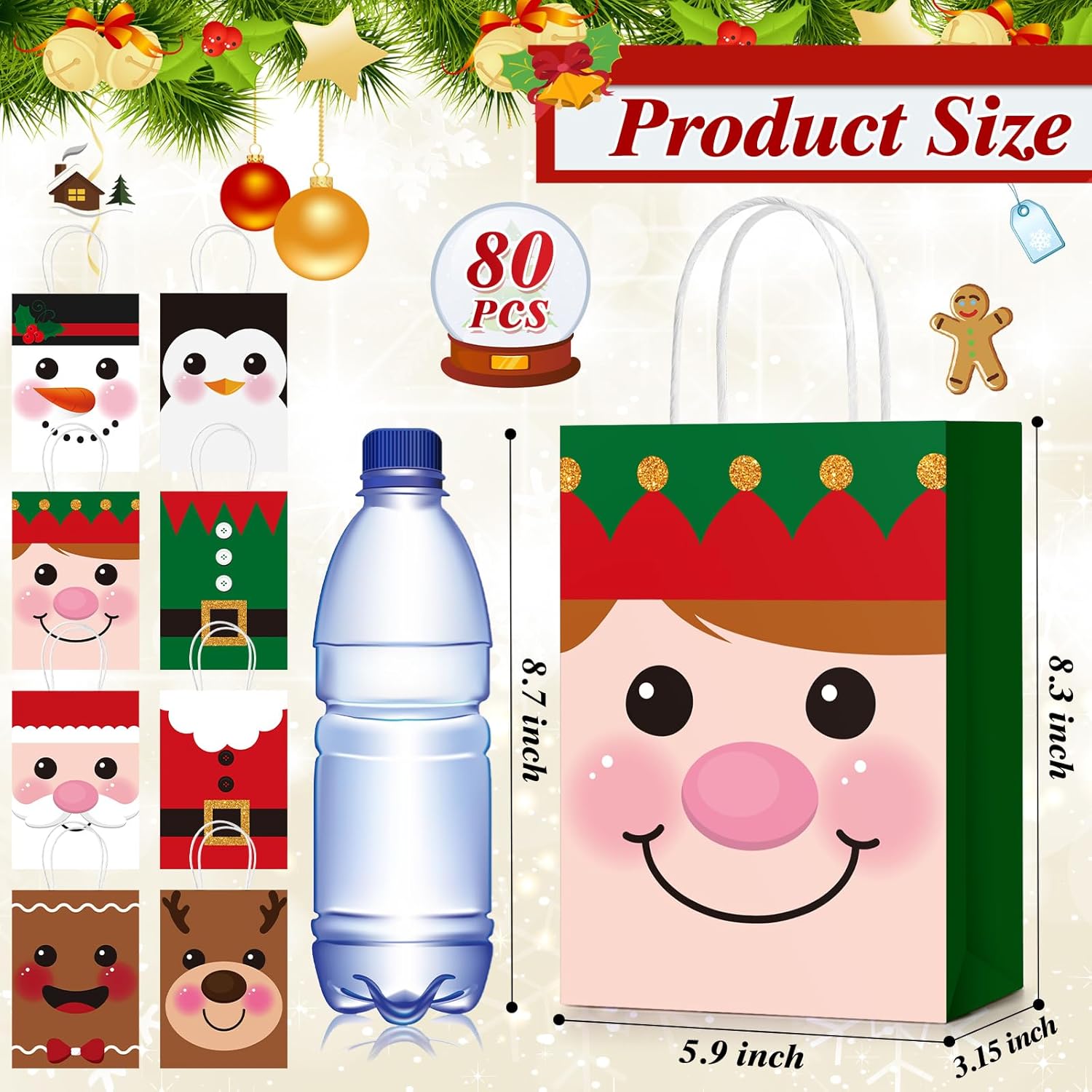 80 bolsas de regalo de Navidad con asas, tamaño pequeño, reutilizables, bolsas de papel de estraza de papel de estraza de Feliz Navidad, bolsas de