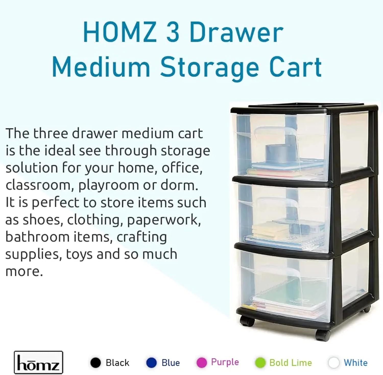 Homz Contenedor de plástico con 3 cajones transparentes medianos para organización del hogar con 3 cajones grandes con ruedas extraíbles, marco
