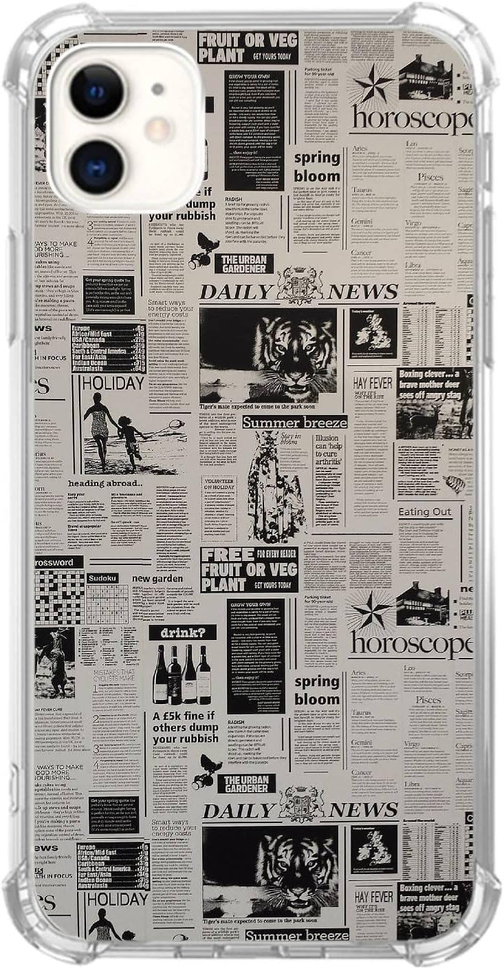 Funda de periódico estética clásica compatible con iPhone 1212 Pro, diseño de periódico retro, de silicona, a prueba de golpes, TPU antiarañazos,