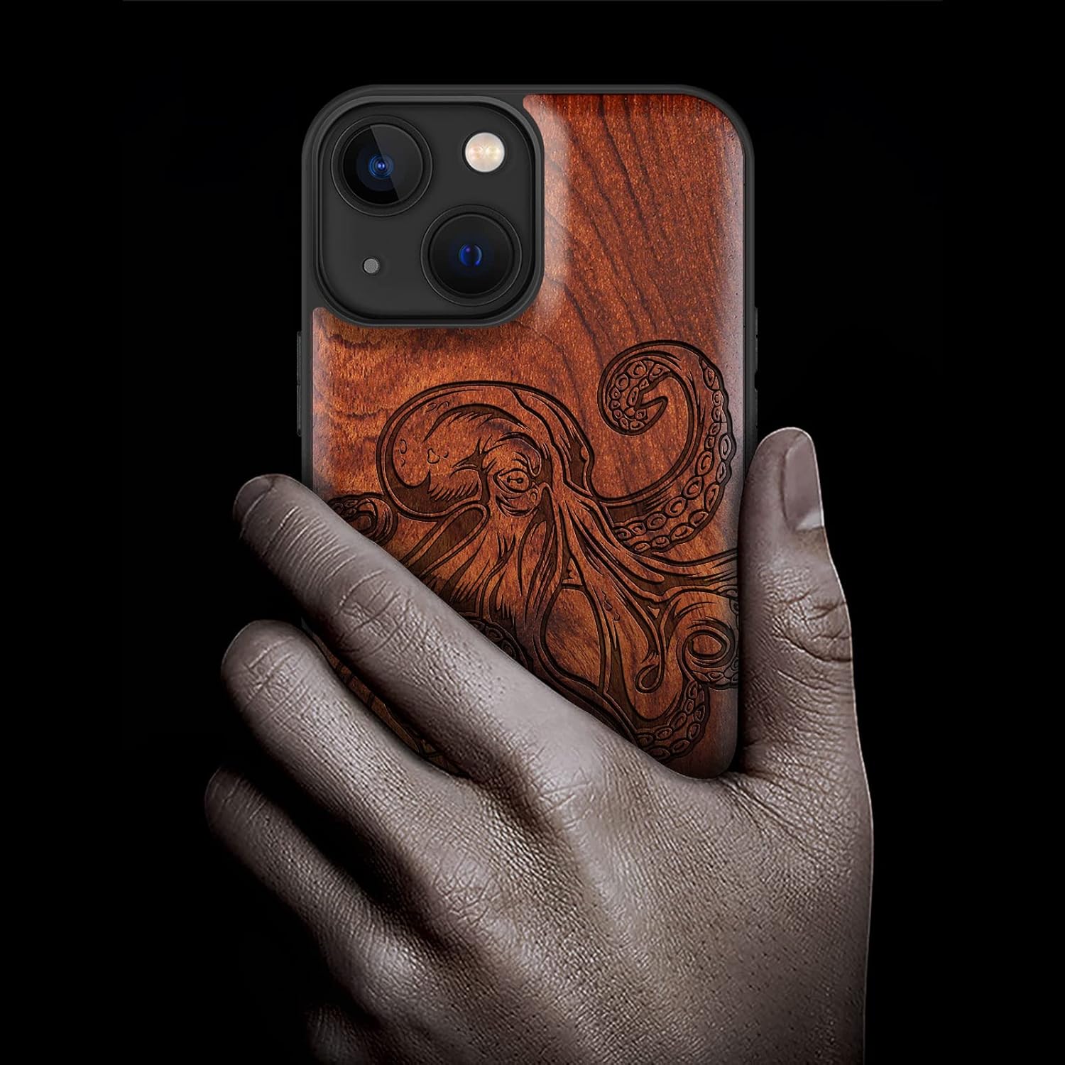 Carveit Funda magnética de madera para iPhone 13 Mini madera natural y TPU suave negro a prueba de golpes, funda de madera única y elegante