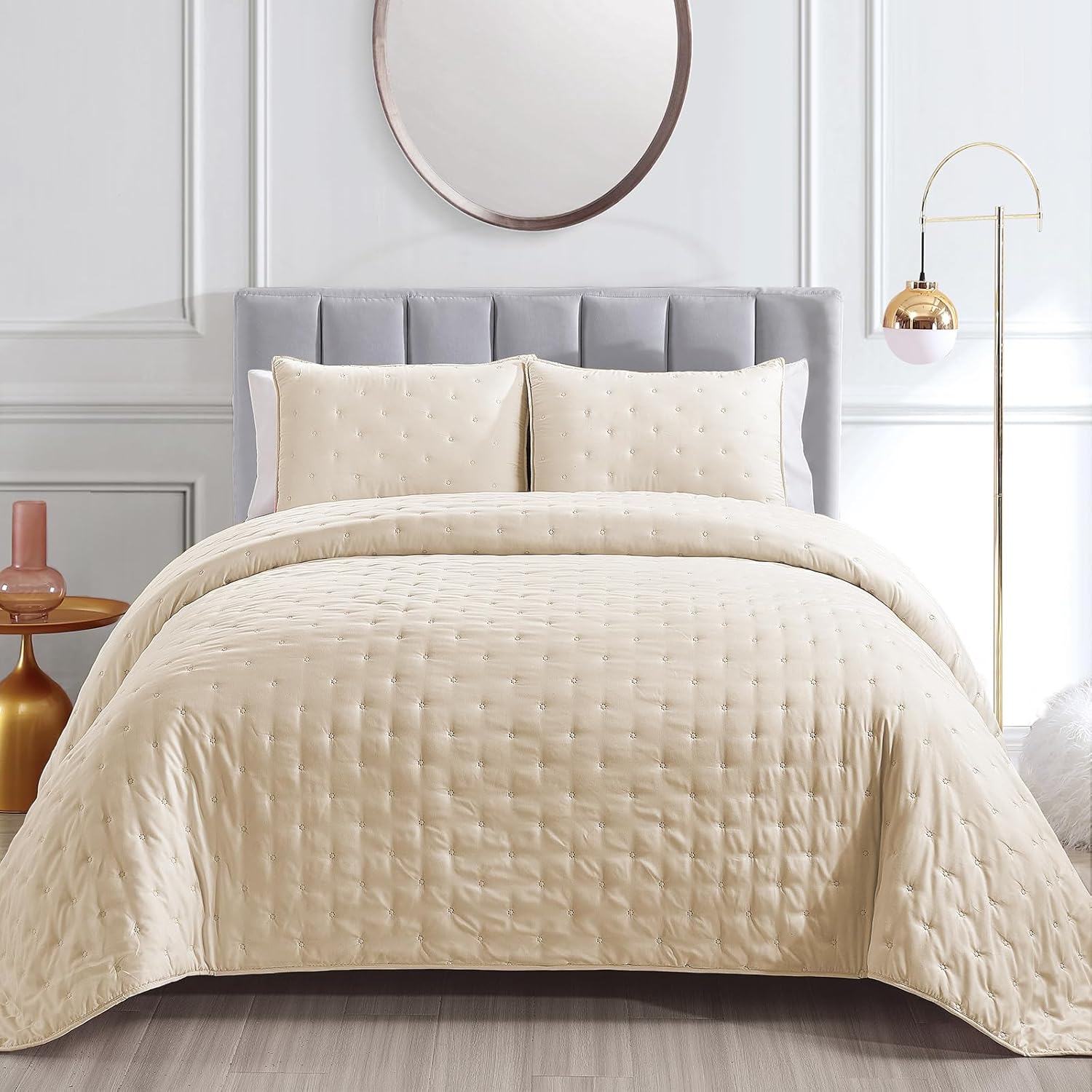 Juego de edredones reversibles tamaño Queen, edredón beige de 3 piezas con fundas de almohada, colcha de microfibra con patrón de puntos, colcha