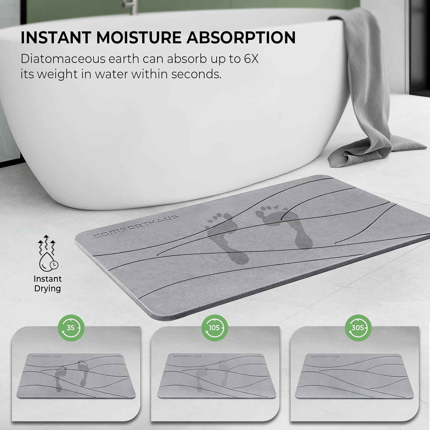 ComfortHaus Tapete de baño de piedra, piedra de tierra de diatomeas para baño, tapete de baño de secado rápido, antideslizante, súper absorbente,