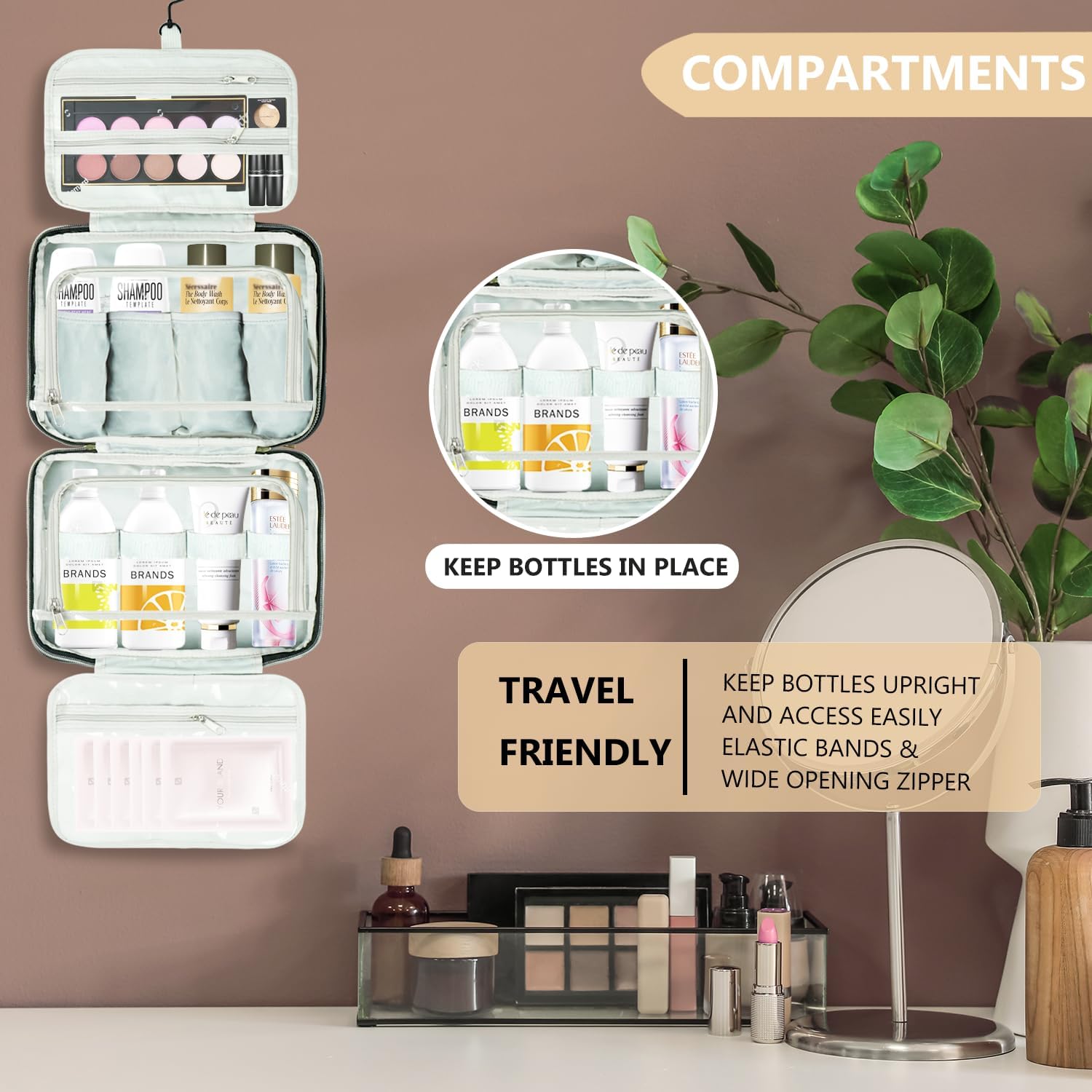 VLM Neceser de viaje, organizador de maquillaje con bolsa de cosméticos transparente aprobada por la TSA, artículos esenciales de viaje, accesorios