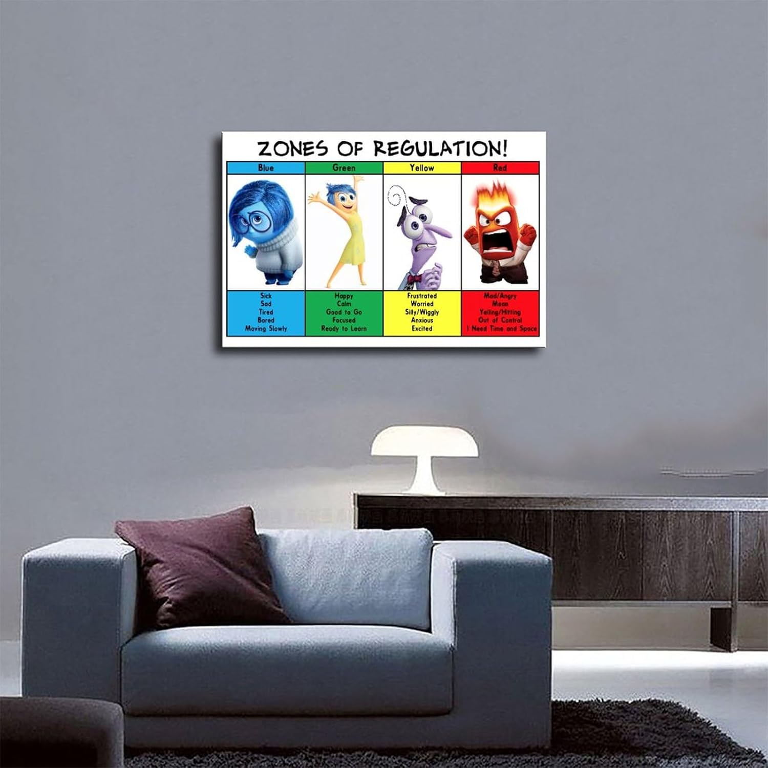 WANMLY Póster educativo de gestión emocional con zonas de regulación, 4 pósteres, decoración de dormitorio, paisaje deportivo, oficina, habitación,