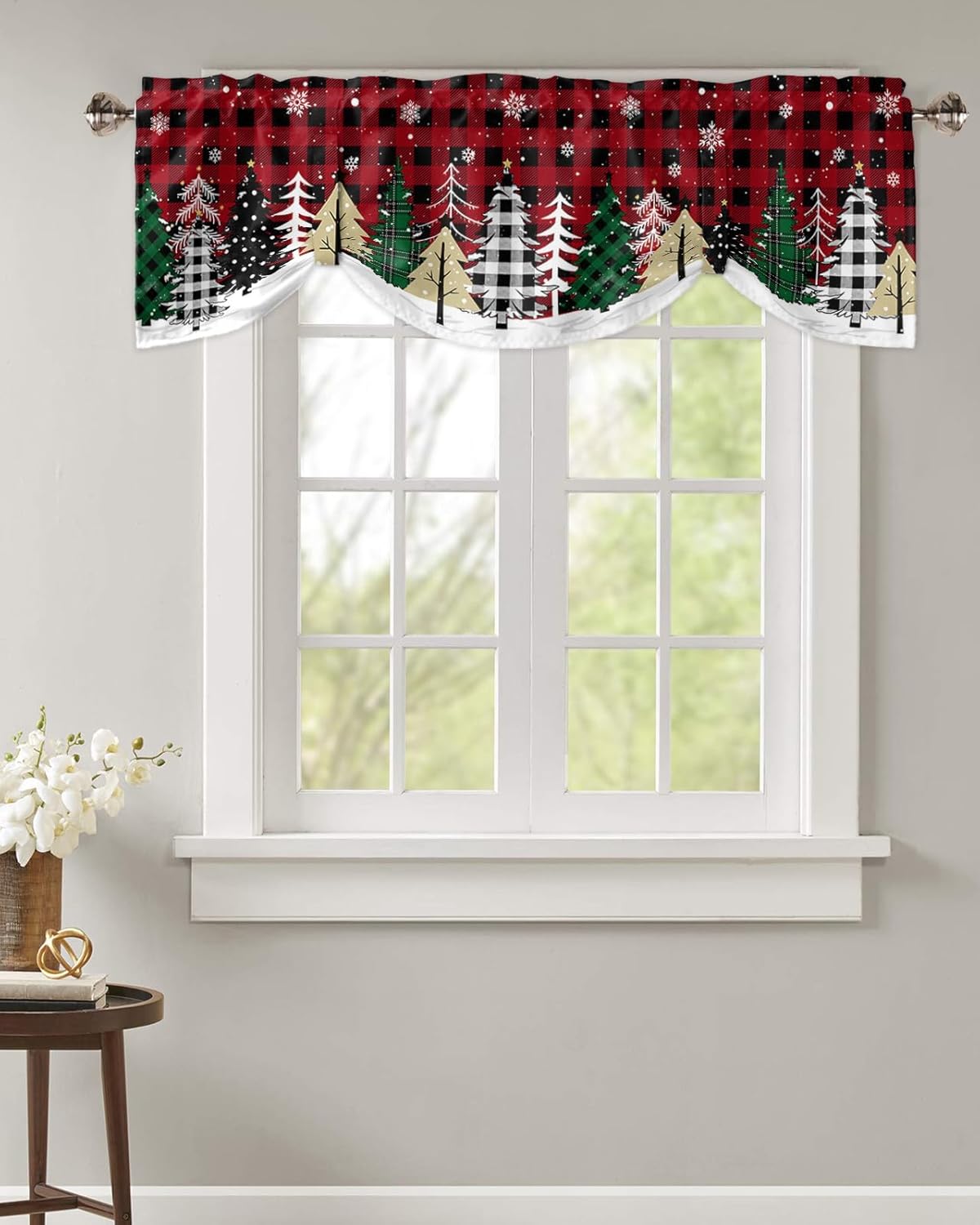 Gogobebe Cortinas de cenefa de amarre para ventana de cocina, diseño de búfalo verde, copos de nieve, color negro, rojo, a cuadros, con bolsillo