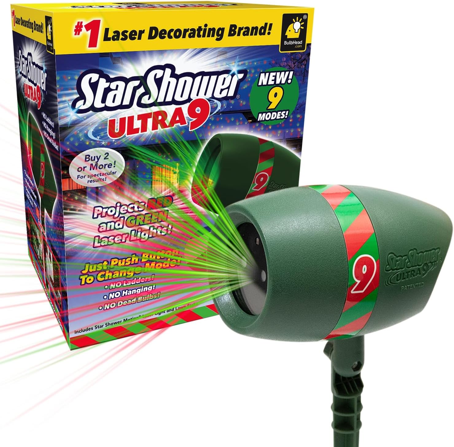 Star Shower Ultra 9 espectáculo de luces láser para exteriores, AS-SEEN-ON-TV, nuevos 9 patrones únicos, duchas para el hogar con miles de luces, 3