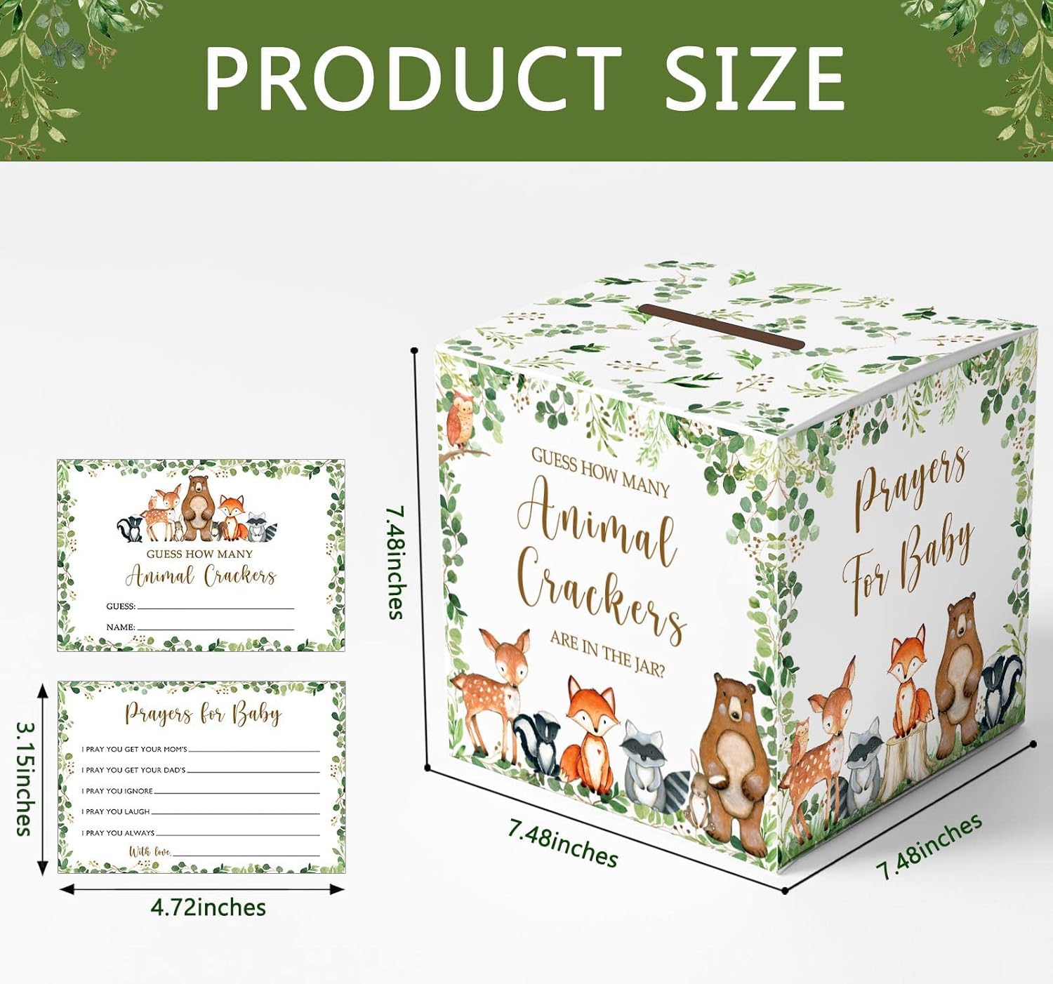 Woodland Guess How Many Animal Crackers – Juego de adivinanzas, caja de juego de adivinanzas para baby shower de bosque y oraciones para tarjetas de