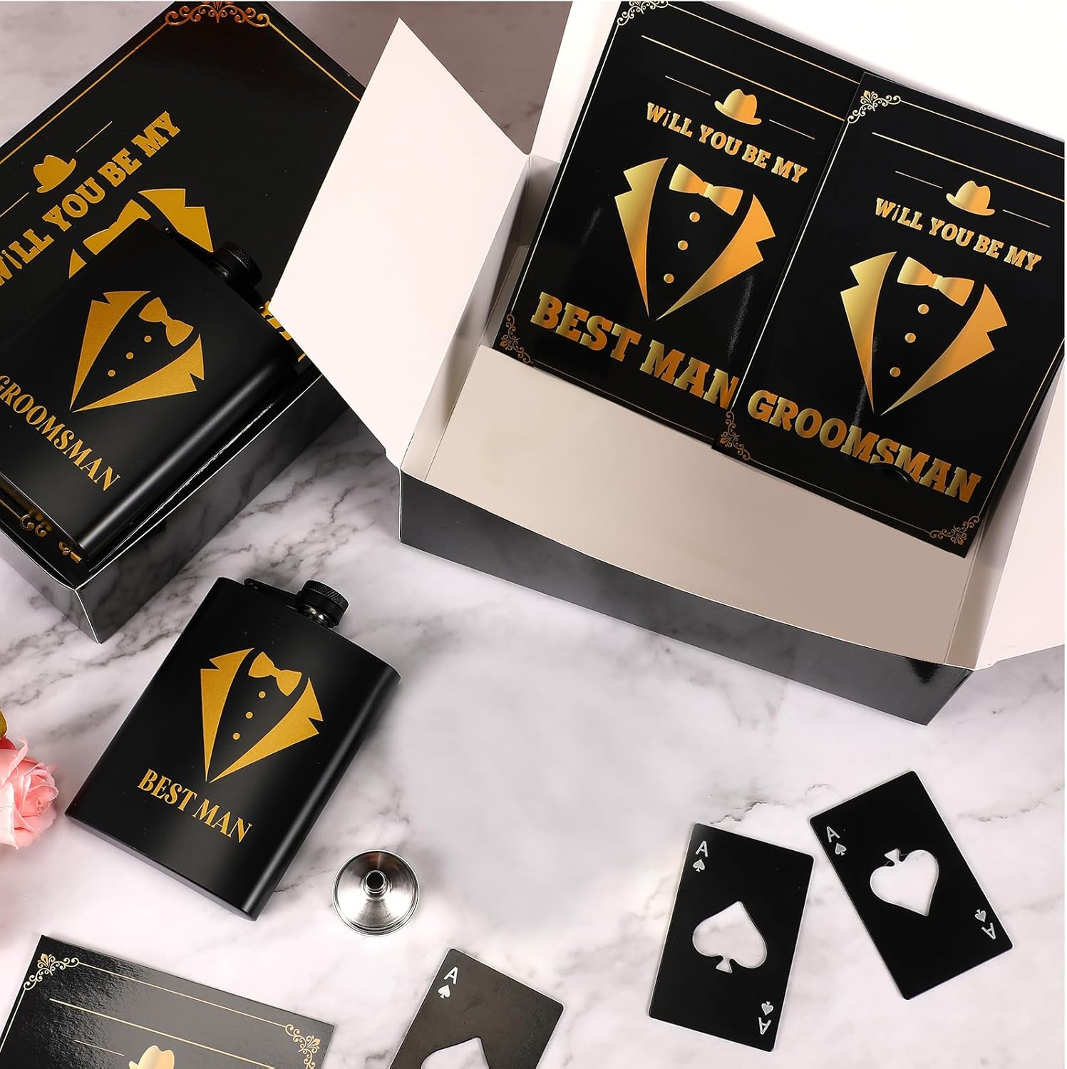 Nosiny Juego de 30 cajas de regalo para padrinos de boda, incluye 6 padrinos de boda, 6 abrebotellas de tarjetas, 6 vasos de chupito, 6 cajas de