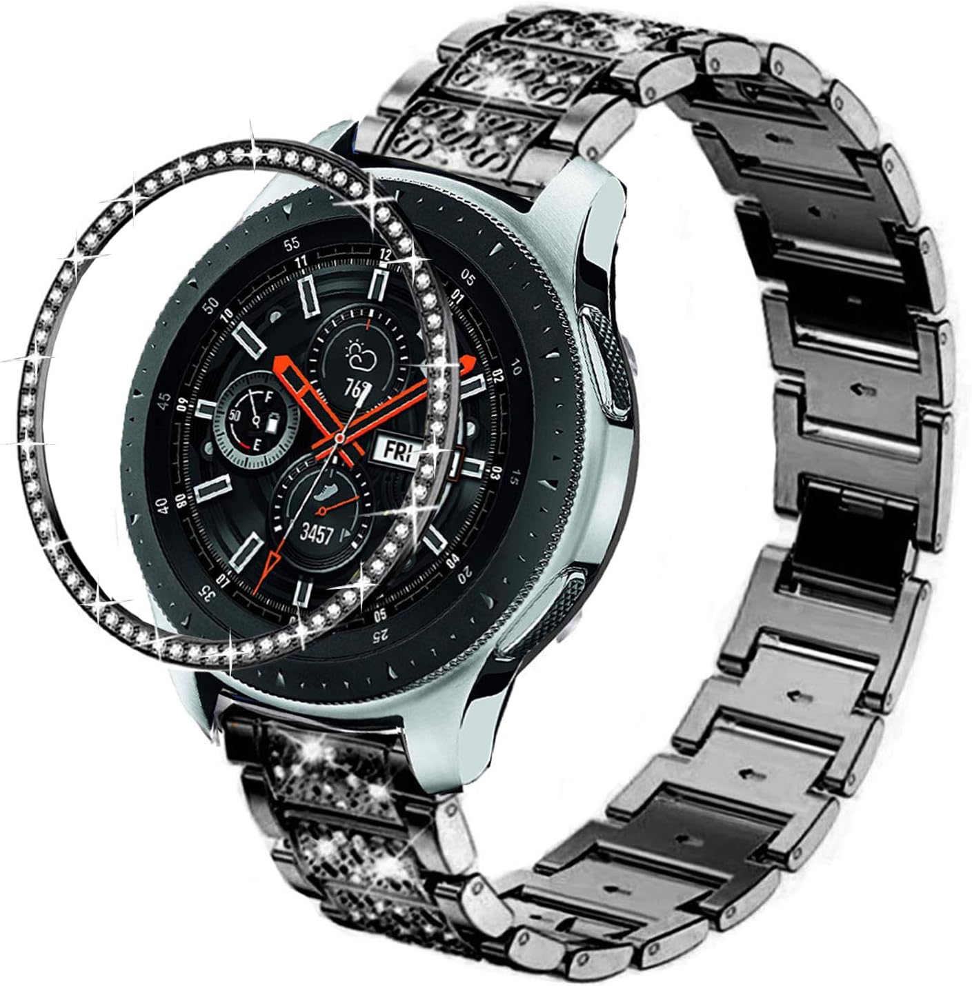 Correa compatible con Galaxy Watch de 1.811 in, 0.866 in, correa de metal de acero inoxidable con anillo bisel, correa de repuesto para Samsung Gear