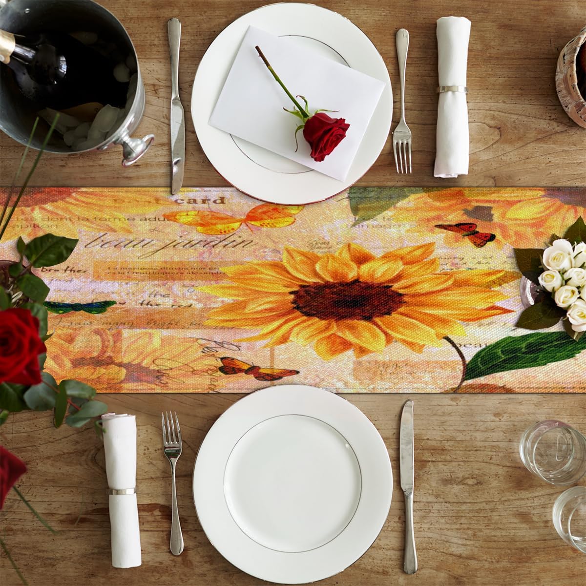 Table Runner Watercolour Sunflower, Rustic Linen Table Cloth for Farmhouse Kitchen, Dinner, Events, Party, Holiday Table Decor 13 x 60 Inches