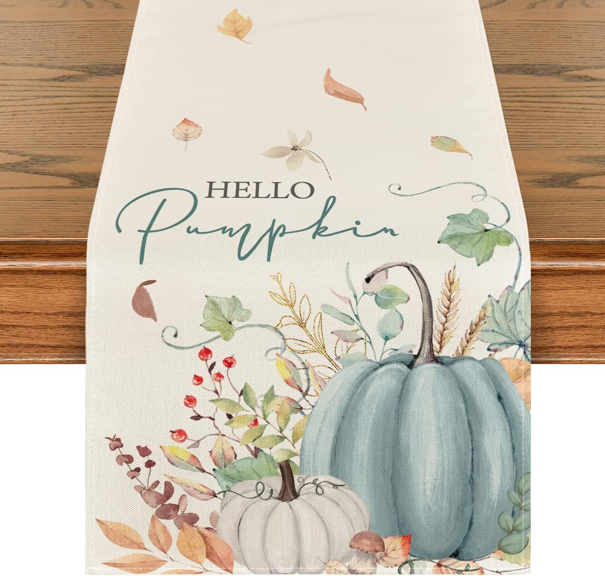 Artoid Mode Aqua Hello – Camino de mesa de otoño con hojas de calabaza, decoración de mesa de comedor de cocina de otoño de temporada para