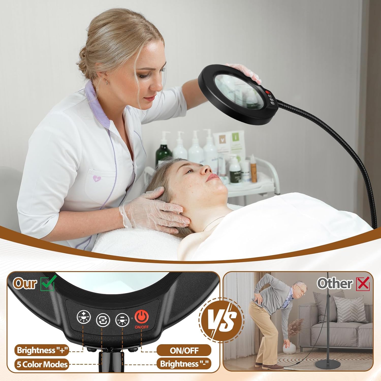 Lupa 5X con luz y soporte, lámpara de pie flexible de cuello de cisne de 24 pulgadas, 3 en 1, LED 3 en 1, 5 modos de color, lupa iluminada regulable