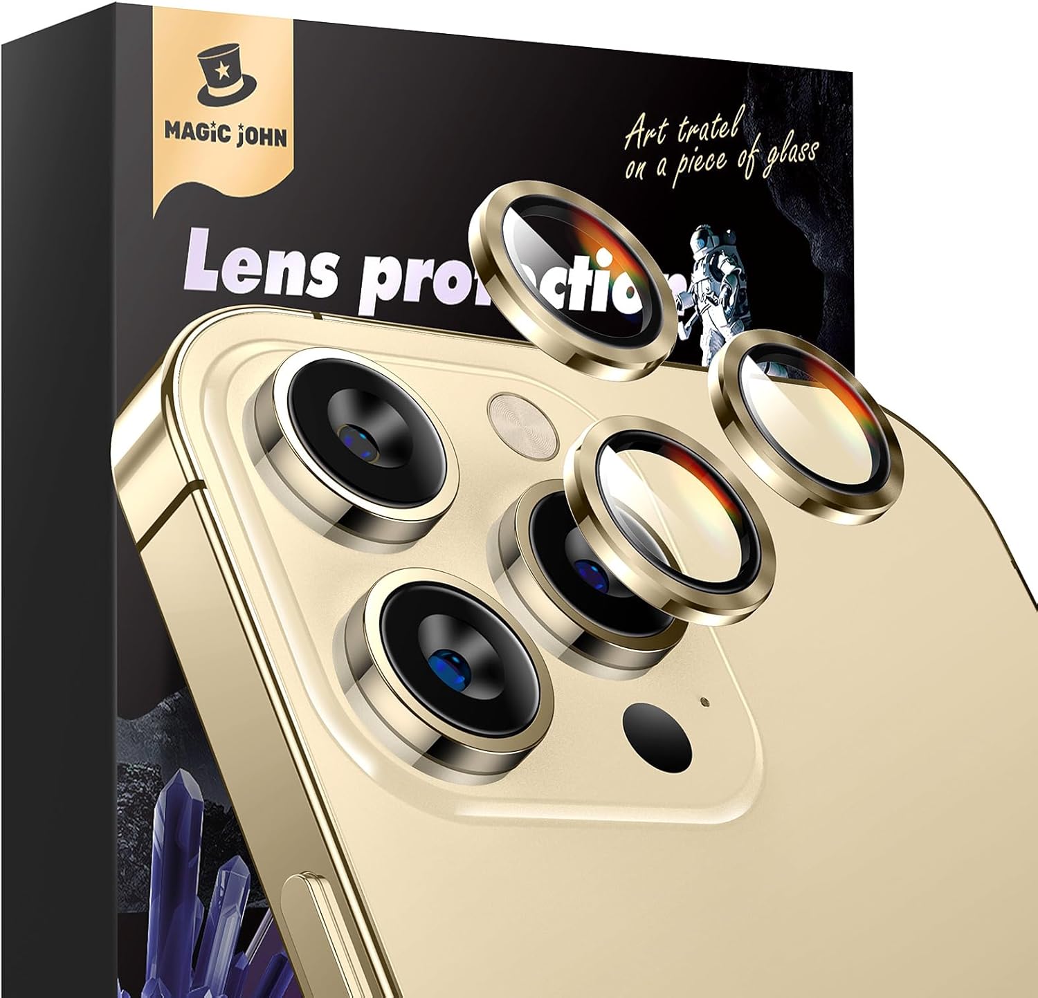 MAGIC JOHN Juego de 2 protectores de lente de cámara para iPhone 14 ProiPhone 14 Pro Max, modo de disparo nocturno Anillo individual de metal Ultra